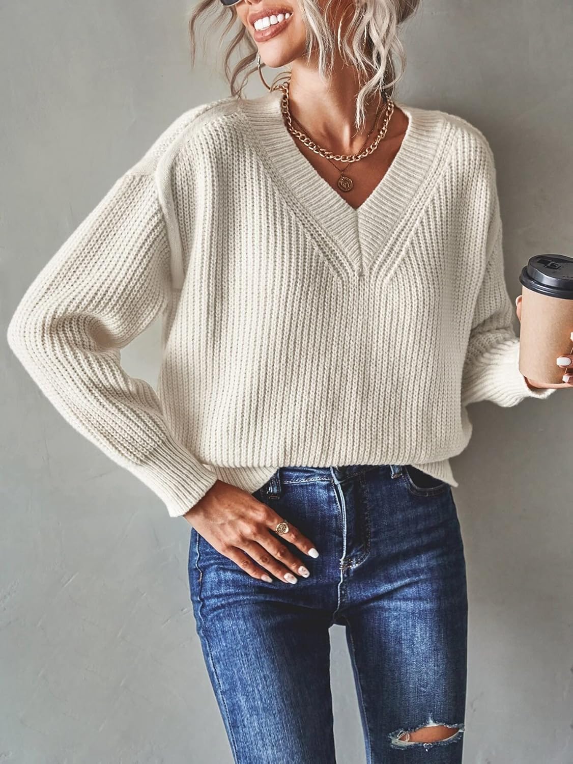 Women's Sweater Neck Drop Shoulder Sweater Sweater for Women (Color : Beige, Size : Large)