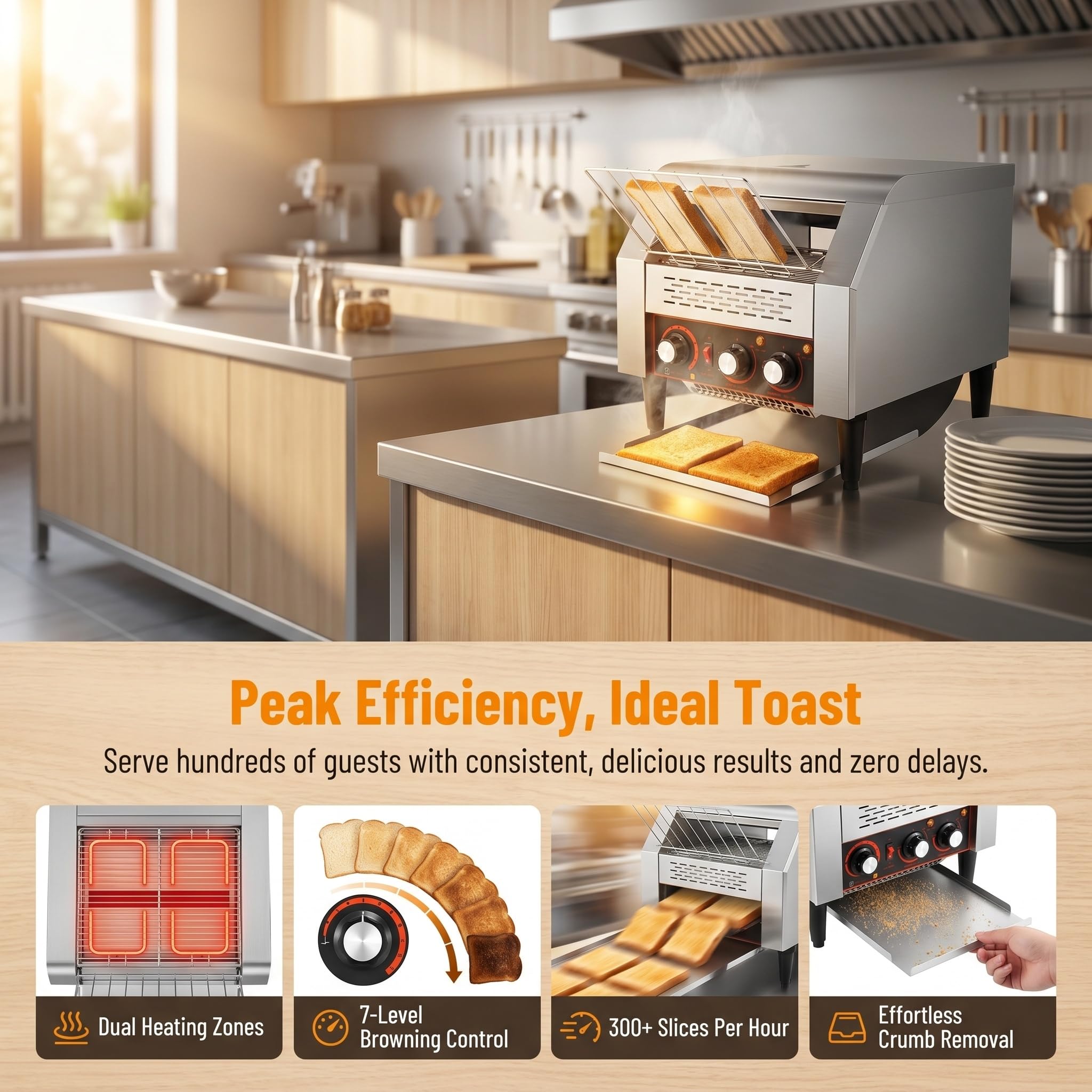 Tostadora Comercial De Cinta Transportadora De 2200 W - Acero Inoxidable De Alta Resistencia, 300 Rebanadas/Hora, 3 Tubos Calefactores - Ideal para Restaurantes Y Catering