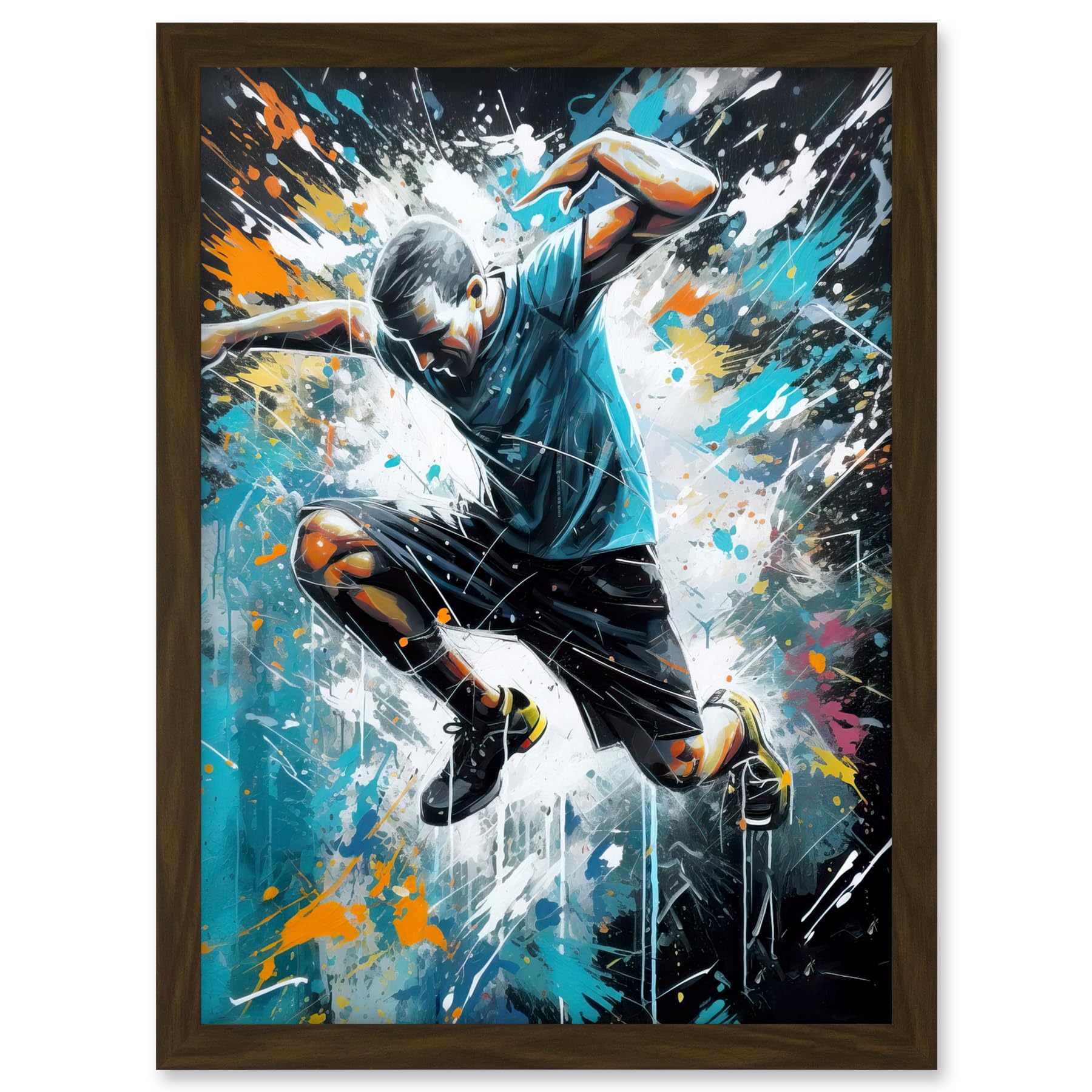 Artery8 Man Doing Parkour Jump Pose Paint Splat Portrait Artwork Framed A3 Wall Art Print