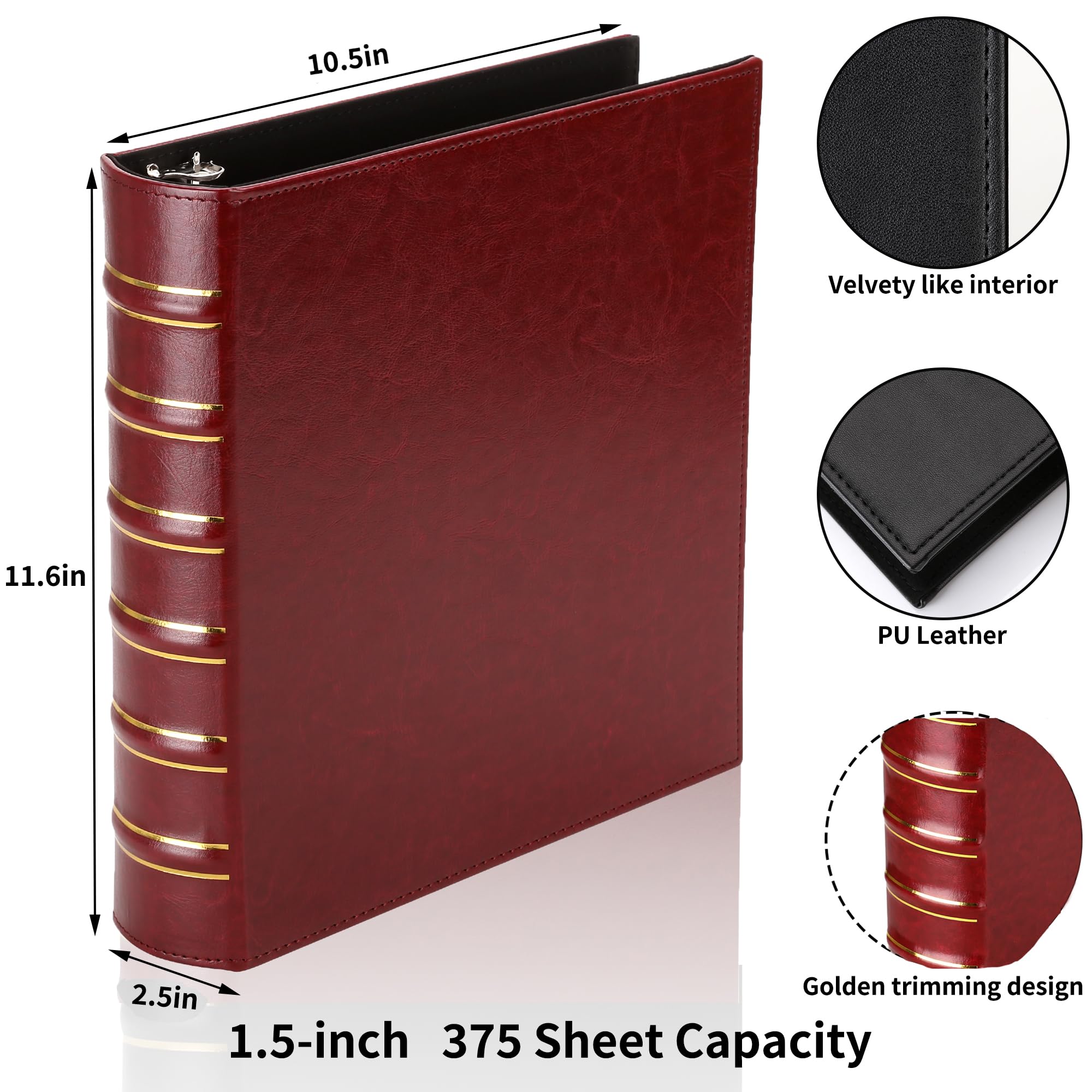 LETVPVOW Raccoglitore professionale a 3 anelli con copertina rigida, 3,8 cm, in pelle, con 3 anelli, adatto per album fotografici, casa, scuola e ufficio, rosso scuro