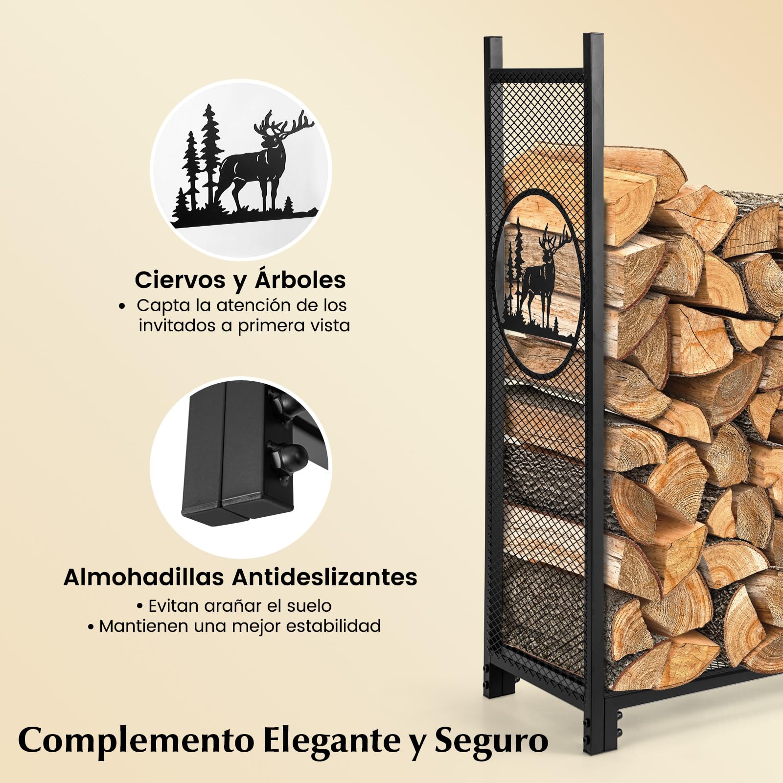 COSTWAY Leñero Exterior/Interior, 121 x 38 x 117 cm, Estante de Leña con Lados de Malla, Base Elevada, Carga de 140kg, Soporte para Almacenar Leña