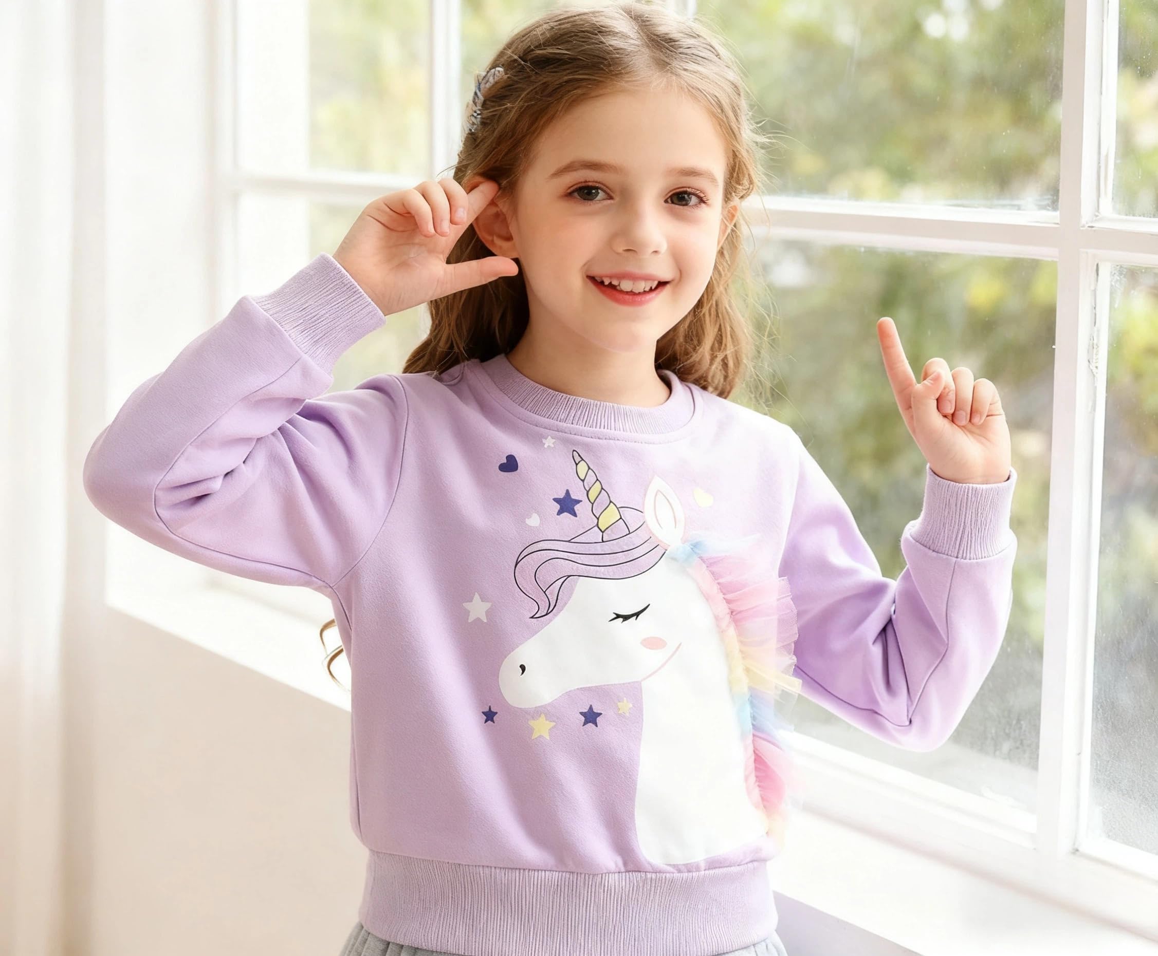 Sweat Enfant Fille Col Rond Sweatshirt Filles Licorne Lapin Pull Enfant Coton pour 2-8 Ans