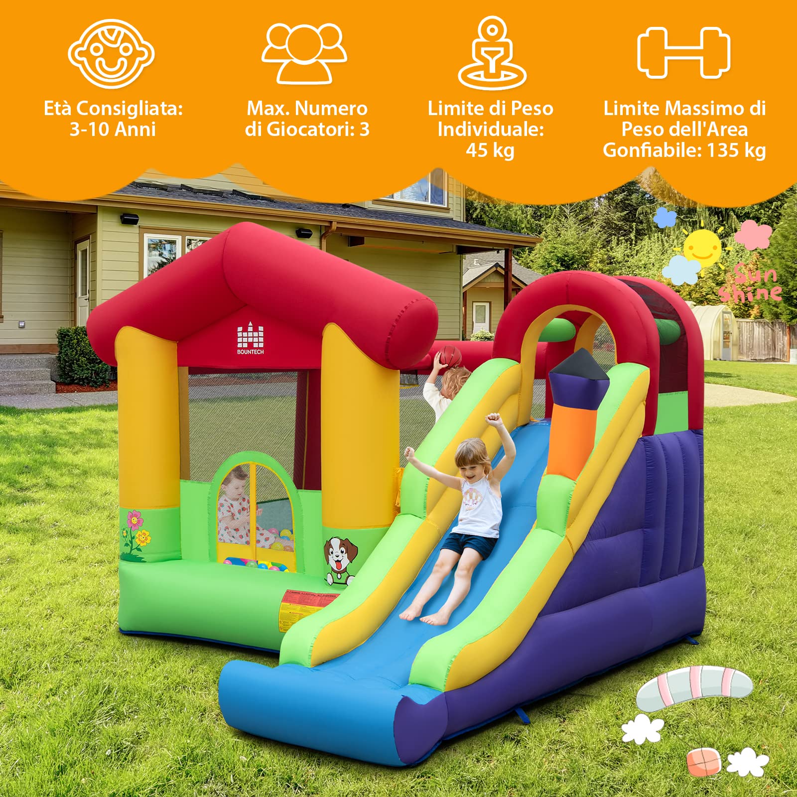 COSTWAY Castello Gonfiabile per Bambini, Casa Gonfiabile con Scivolo, Trampolino e Canestro da Basket, 50 Palline Colorate e Soffiatore, Con Borsa di Trasporto e Kit di Riparazione, 325 x 290 x 205 cm