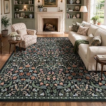 Lahome Dark Botanical 8x10 Rug, Washable Floral Area Rug for Living Room, Soft Moody Vintage Flower Black Carpet for Bedroom, Dining Room, Nursery Home Decor