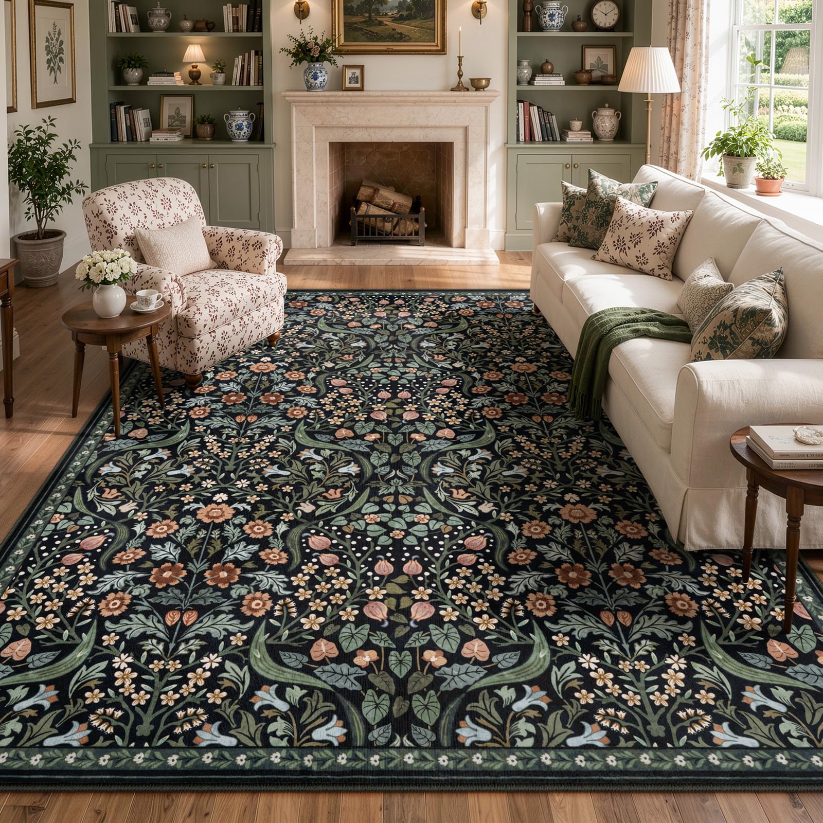 Lahome Dark Botanical 8x10 Rug, Washable Floral Area Rug for Living Room, Soft Moody Vintage Flower Black Carpet for Bedroom, Dining Room, Nursery Home Decor — image 1