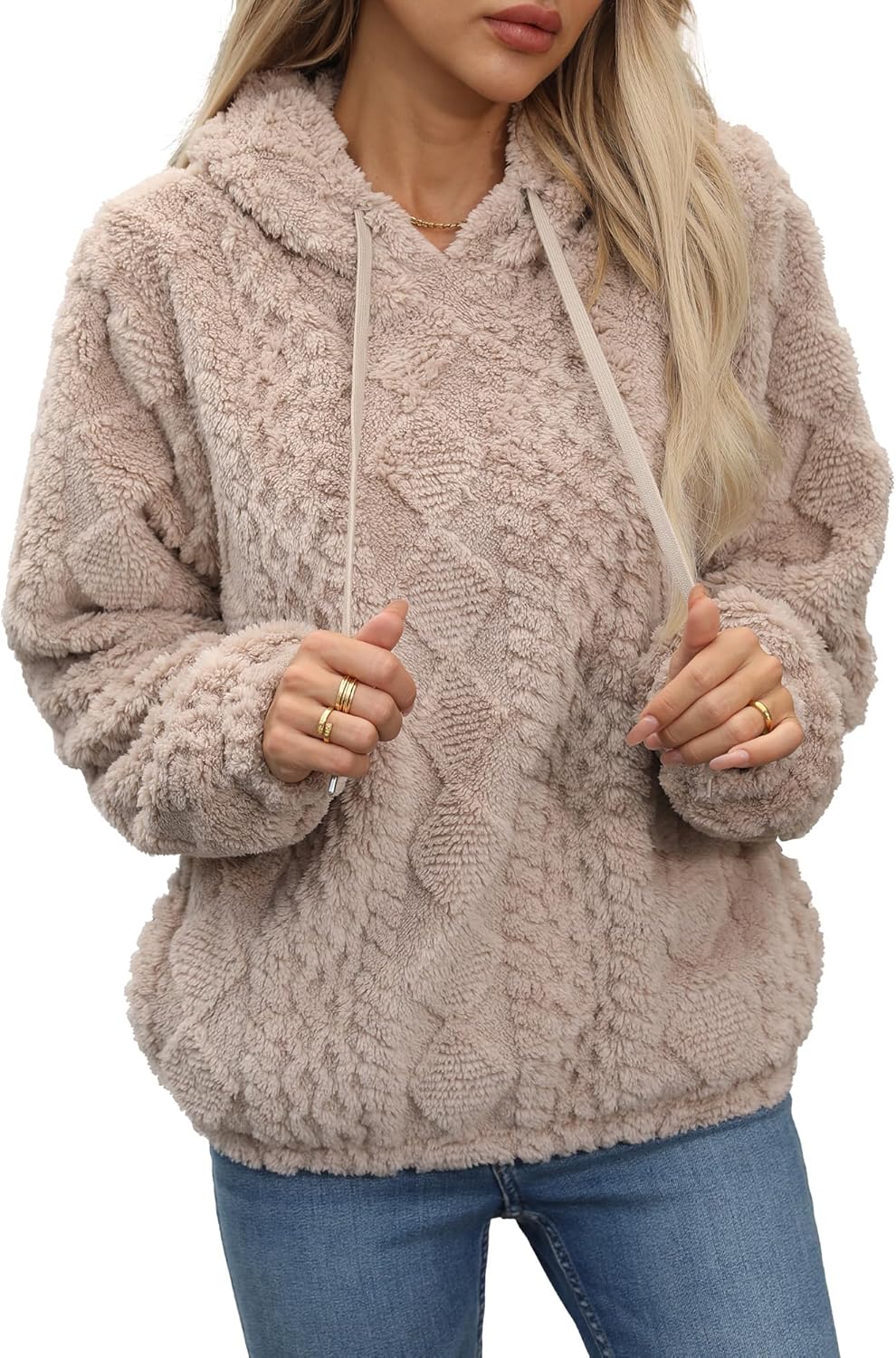 FEOYA Women's Casual Fleece Hoodies Drawstring Hooded Sweatshirts Winter Pullover Long Sleeve Hoodies with Pockets S-XXL