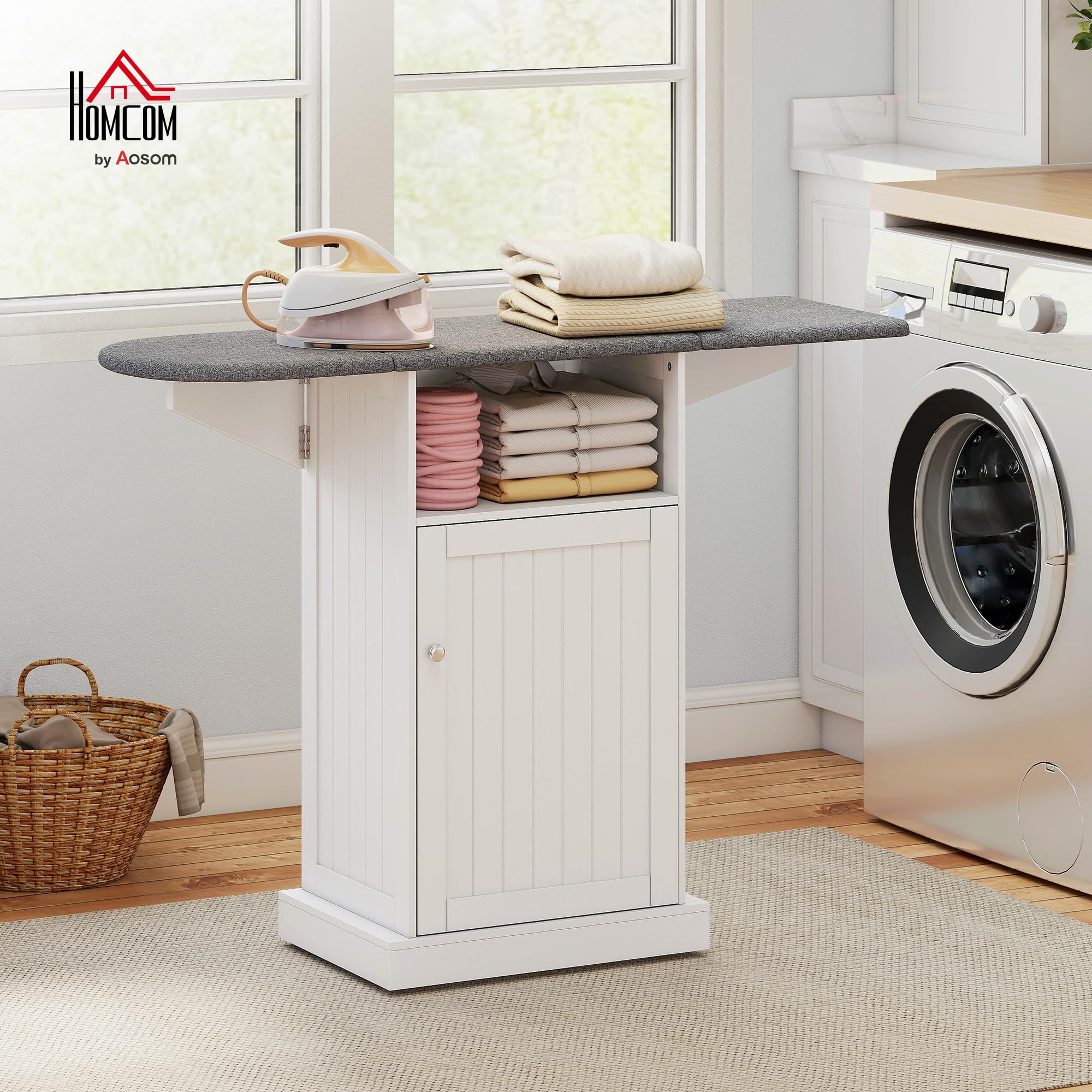 HOMCOM Mobile Asse da Stiro Salvaspazio Pieghevole con Ruote a Freno, Mobile da Stiro Multiuso con Vano Aperto, Ripiano Regolabile, per Lavanderia e Bagno, 121x37x89 cm, Bianco