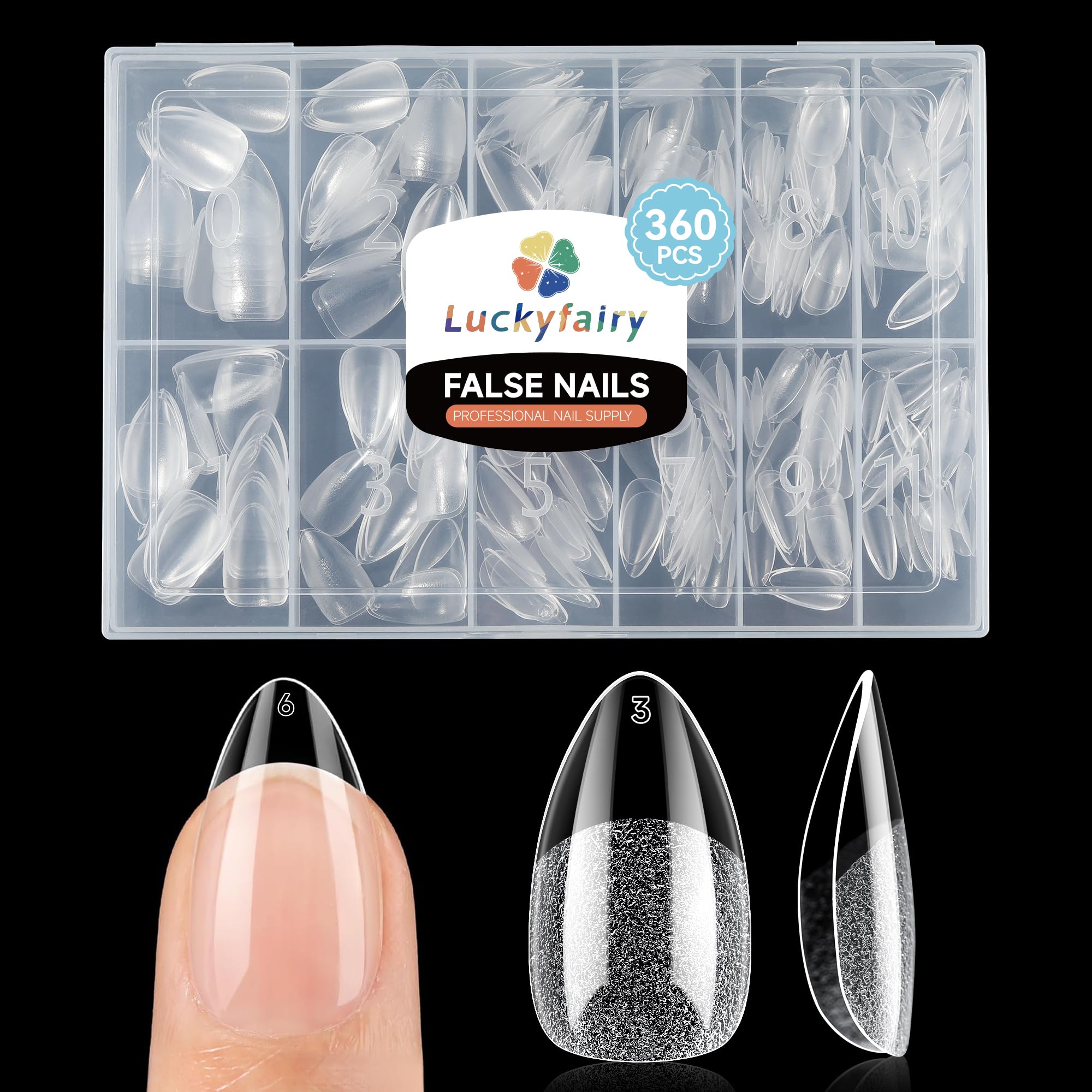 Luckyfairy Short Almond Gel Nail Tips 360Pcs, Pre Etched Nail Tips Almond Shape Full Cover Soft Gel Fake Nails for Nails Extension DIY Art Salon 12