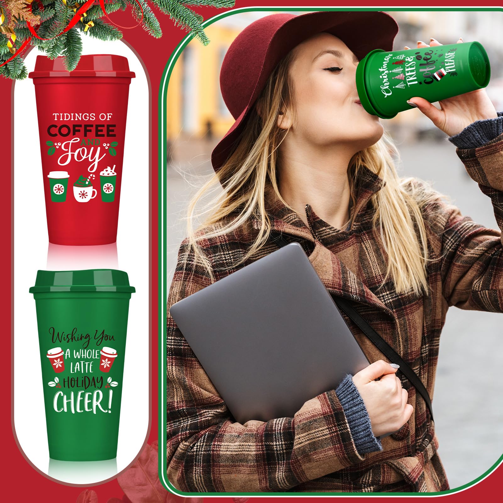 Amazon.com | Pickmesh 12 Pack Christmas Coffee Cups Gifts Bulk 16 oz  Reusable Coffee Cup Tumblers with Lid Plastic Cups Travel Mug Thank You  Gifts for Women Coworkers Holiday Drinks: Tumblers &