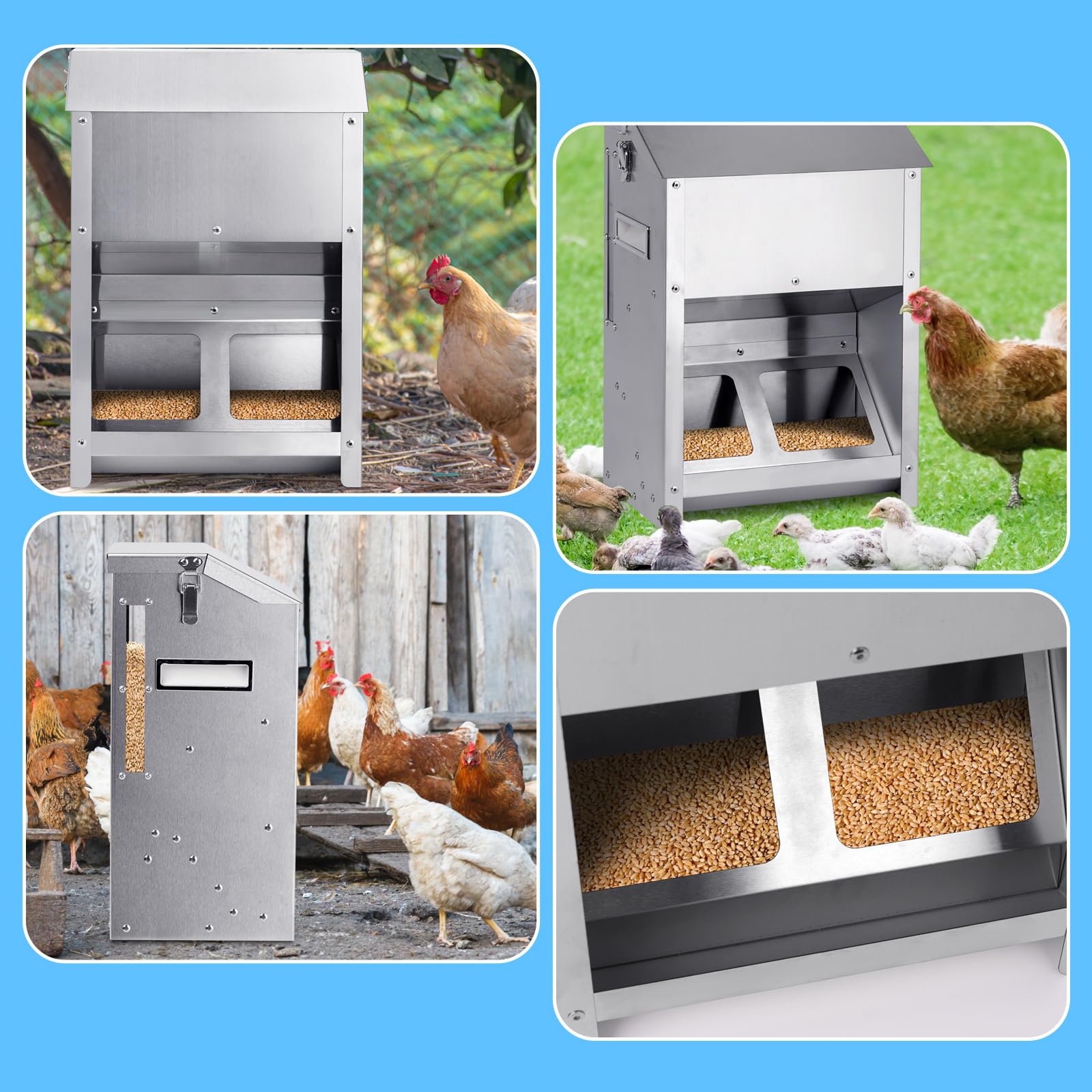 9kg Mangiatoia Automatica Per Polli No Waste Mangiatoia per Pollaio Grande in Acciaio Inossidabile Con Finestra Visiva e Coperchio Antipioggia per Pollo Anatra Tacchino, Uso Esterno