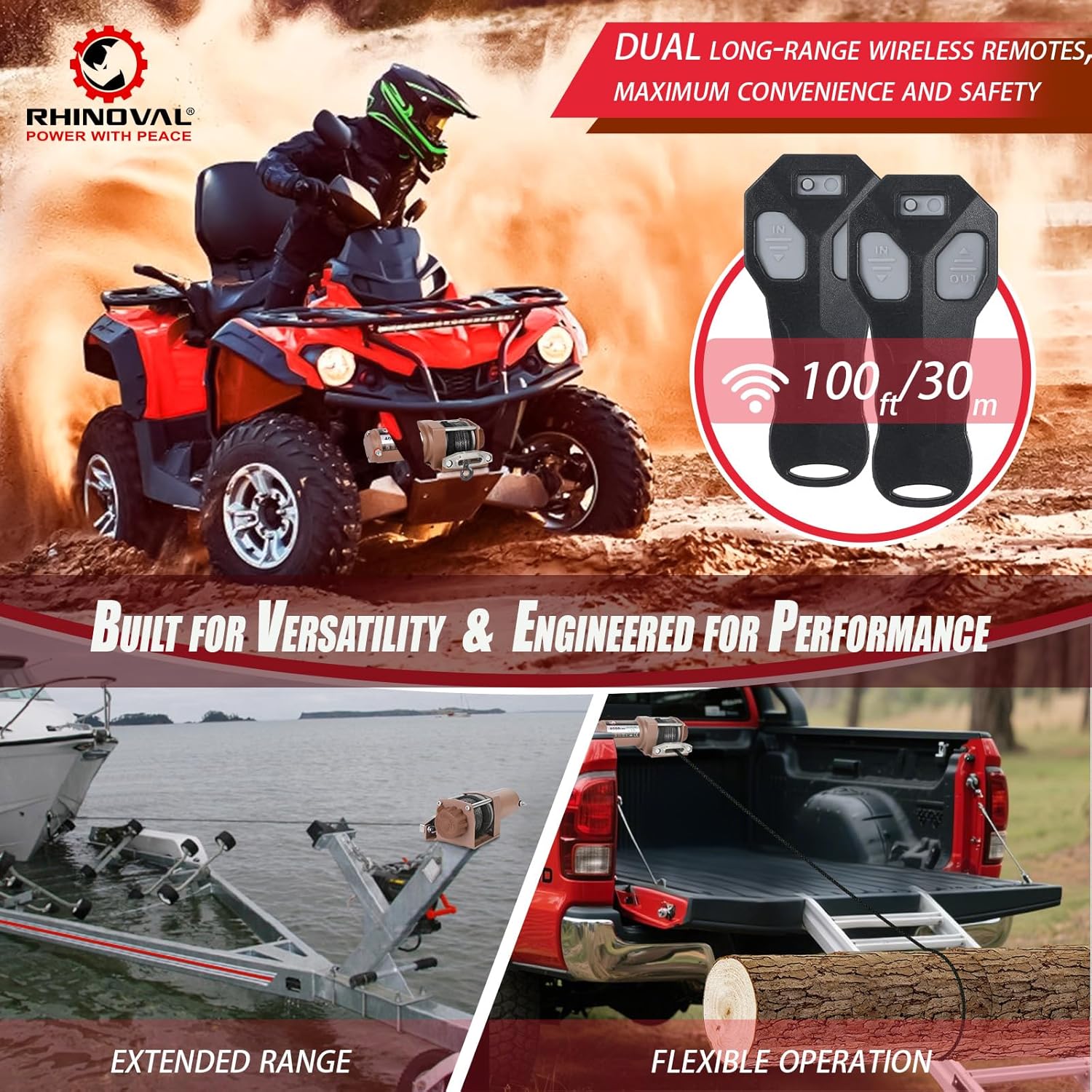 4000lb Winch, IP67 Waterproof, Dual Wireless Remotes, Synthetic Rope with 6600 lbs Breaking Strength, 12V, for ATV/UTV Recovery, Trailer, Flatbed (RH4000 Separate Mount)
