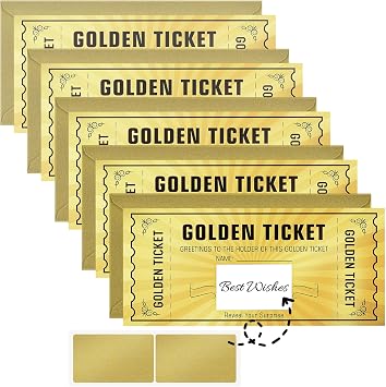 WenmthG 5 Pack Golden Tickets Scratch Off Card with Envelope - Christmas Surprise Gift Reveal - Cards as Birthday Wedding Concert Ticket Cinema Voucher Raffle Gift, Gifts Idea for Friends Kids Women Men