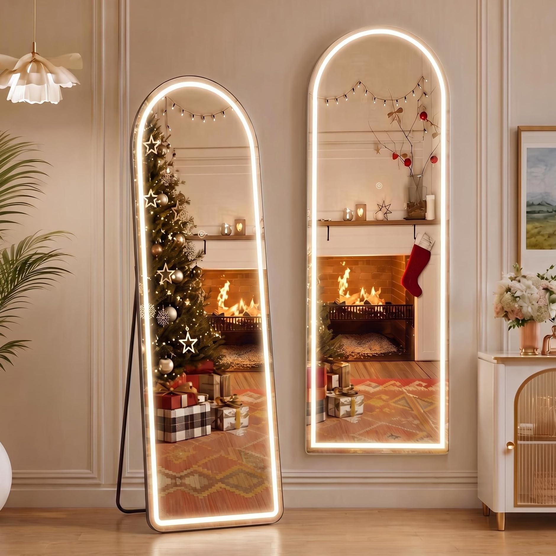 Panana LED Full Length Mirror,3 Color Lighting 160x49cm Free Standing Arch Floor Mirror with Aluminum Alloy Frame,Tempered Glass For Bedroom,Living Room,Cloakroom,Hallway,Black