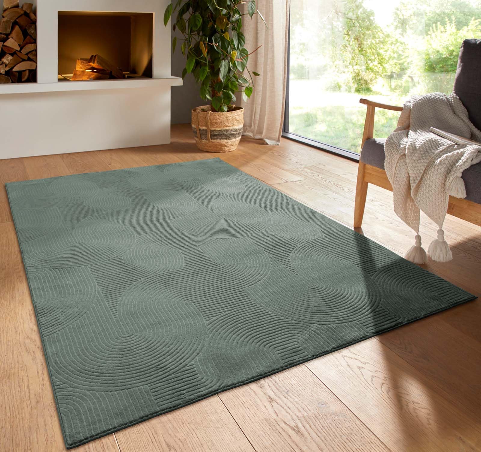 Taracarpet Kurzflor Boho Skandi Polyester Teppich in 3D Optik waschbar, pflegeleicht und robust ideal fürs Wohnzimmer, Schlafzimmer und Kinderzimmer auch als Badematte Grün Wellen 140x200 cm