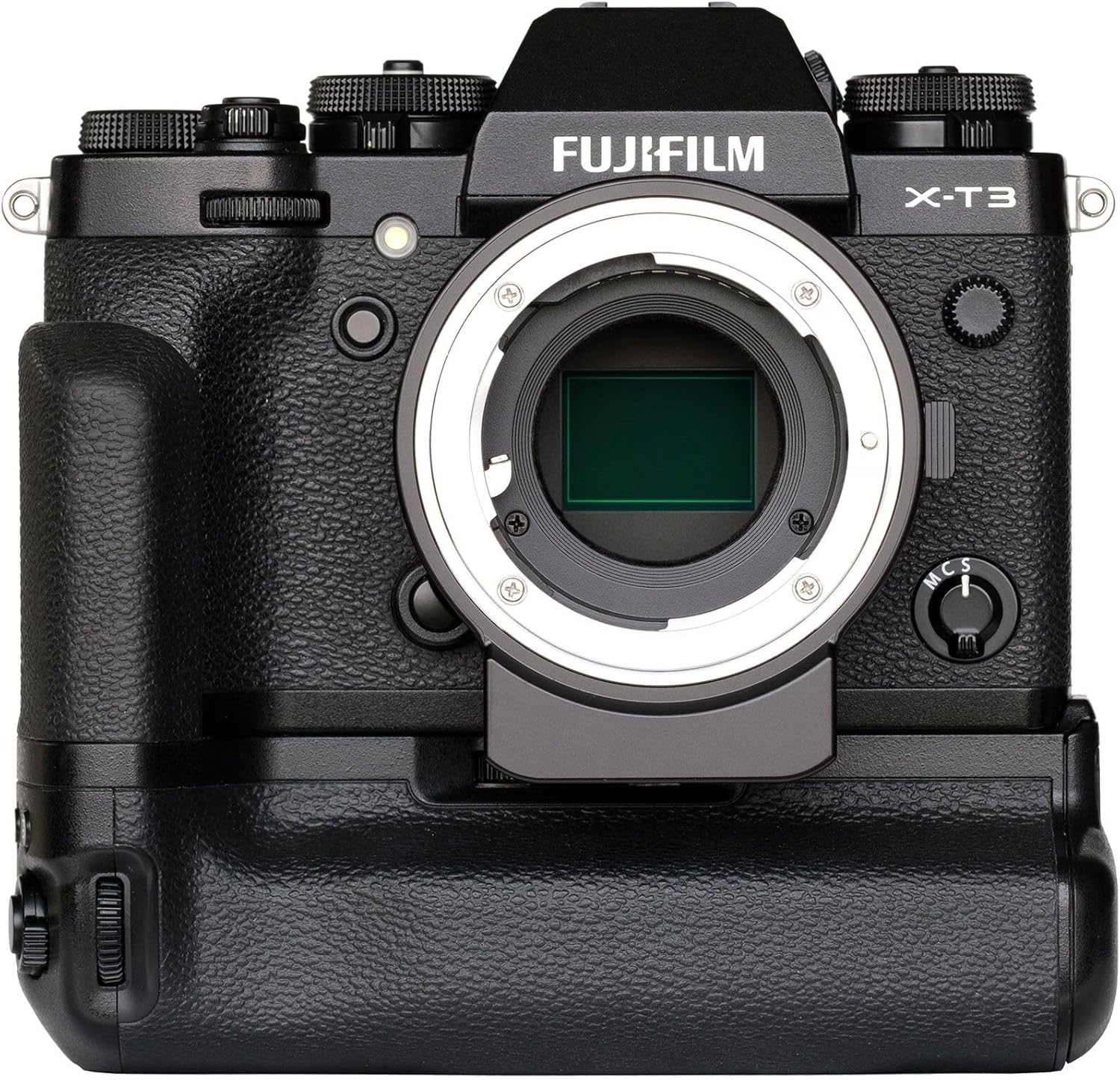 Fringer NF-FX II adapter mounted on a Fujifilm X-T3 camera with a vertical grip