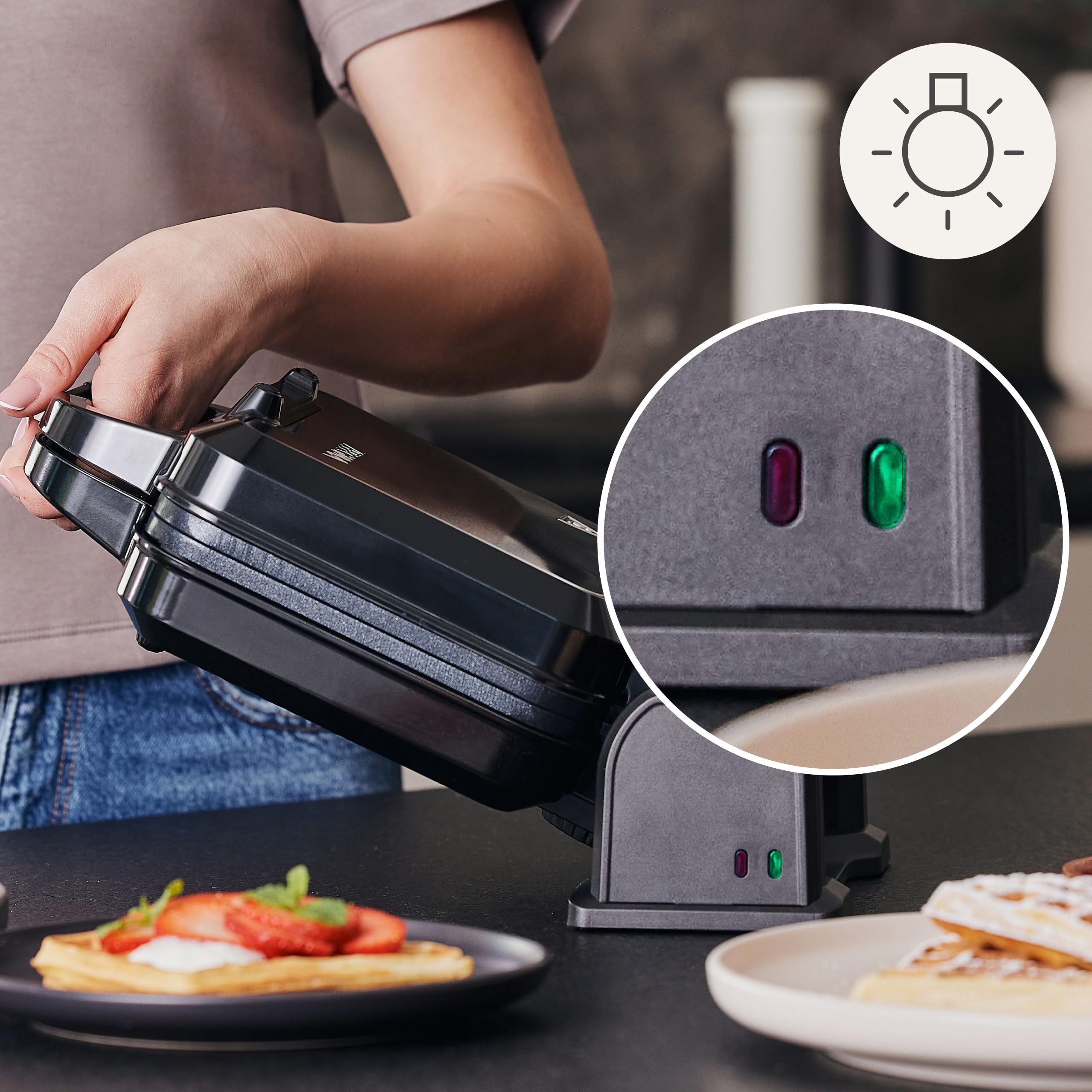 ZEEGMA GOFREE CHEF PRO Gofrera de Alta Potencia 1200 W para Gofres Belgas, Doble, Vertical, Revestimiento Antiadherente, Control de Temperatura, Indicador de Listo, Gofres Gruesos