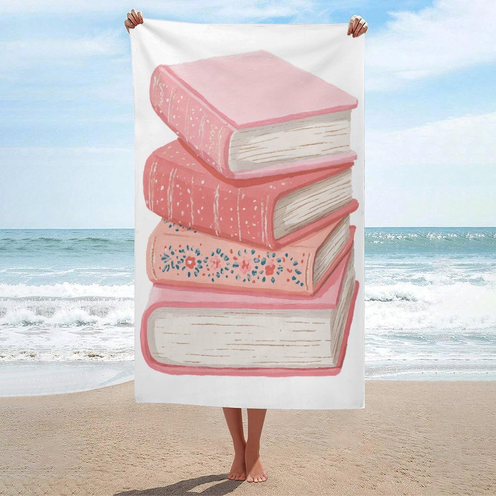 LSRCPD Vintage Book Stack Soft Pastel Pink Beach Towel Sand Free Microfiber Large Shower Towels Multipurpose Absorbent for Bathroom Pool 130x80 CM