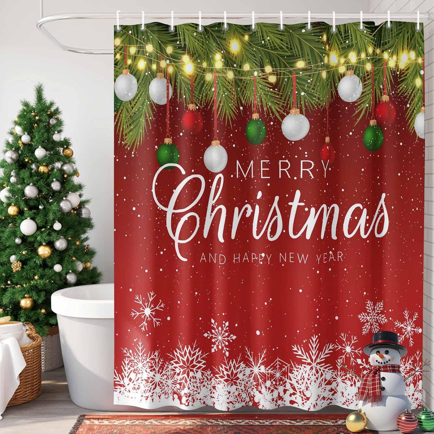 Merry Christmas Shower Curtain Set - Standard Waterproof Shower Curtain 72 x 72 Inch, Xmas Balls Snowflake Pine Branch New Year Polyester Fabric Bathroom Curtains with 12 Hooks, Bathroom Accessories