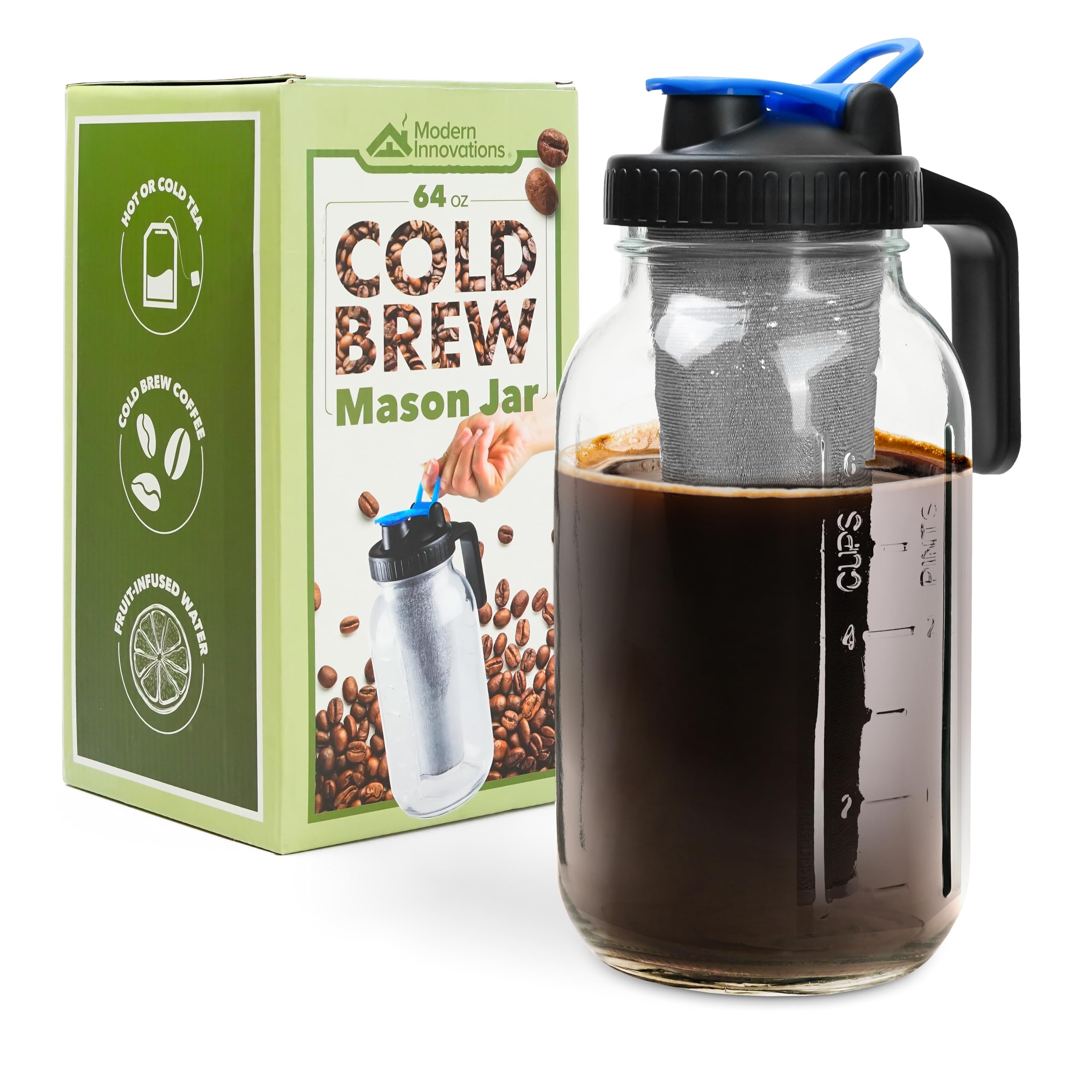 Modern InnovationsCold Brew Mason Jar (64 oz) Ice Coffee Making at Home, 2 Quart Cold Brew Maker for Iced Coffee and Tea, Cold Brew Glass Pitcher with Stainless Steel Filter, Cold Brew Coffee Maker