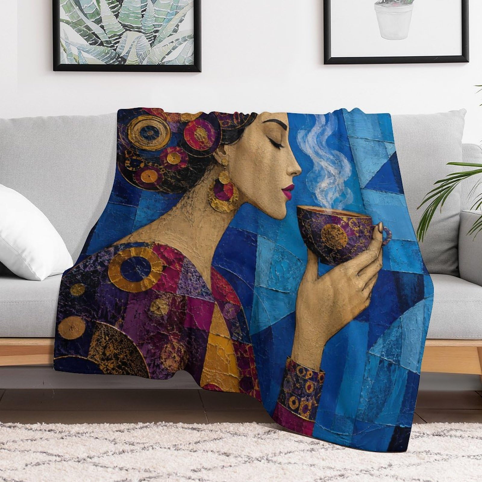 Donna con il velo viola Coperta Mosaico cubista Coperta TV Calda | coperta divano morbida con Arte del mosaico e Tazza da tè blu, per divano, letto, 175x200cm(70x80in)