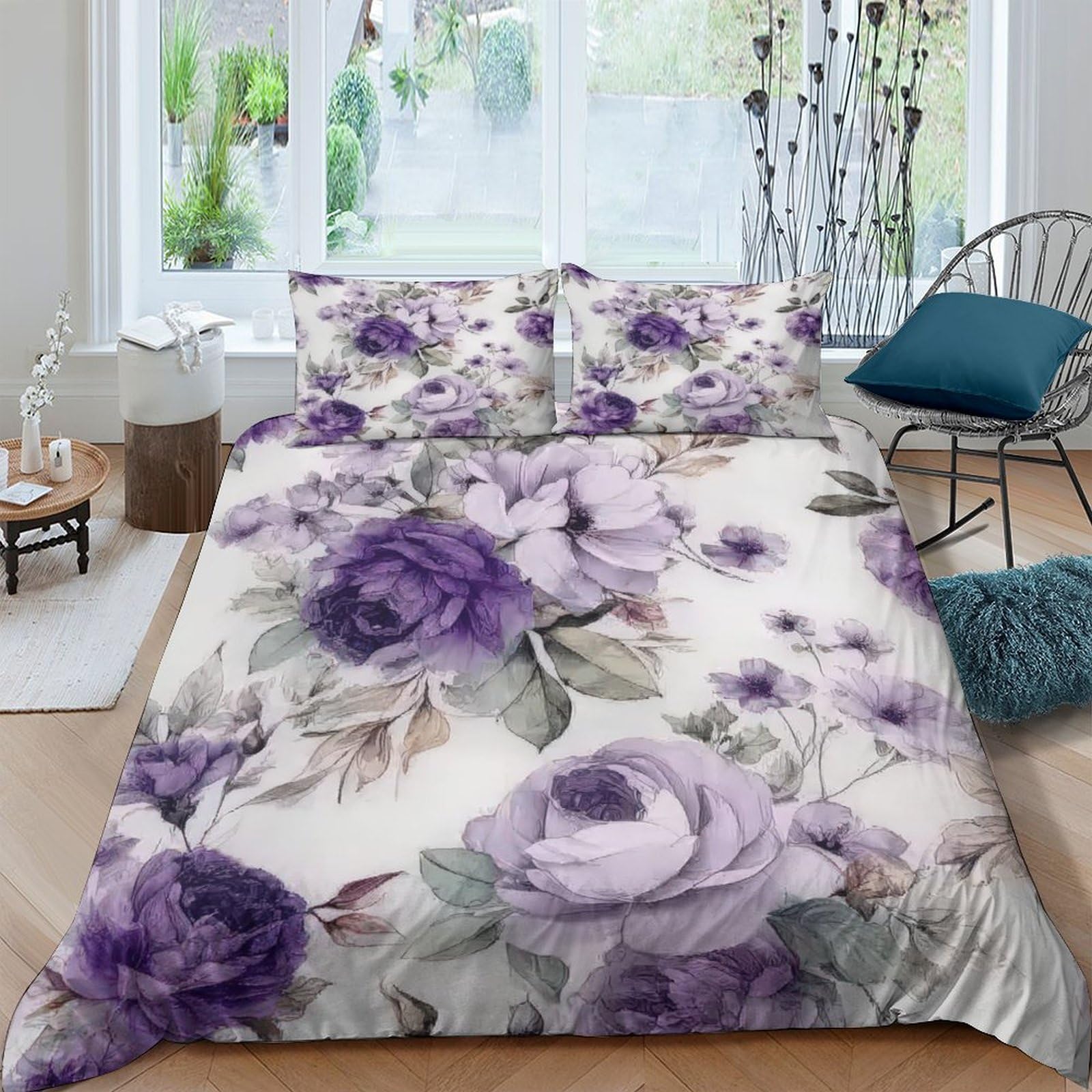 GPLZQXKJNH 3D Printed Purple Rose Floral Duvet Cover Microfiber Soft Breathable Lavender Blossom Bedding Set with 2 Pillowcases for Bedroom Home Decor Single（135x200cm）