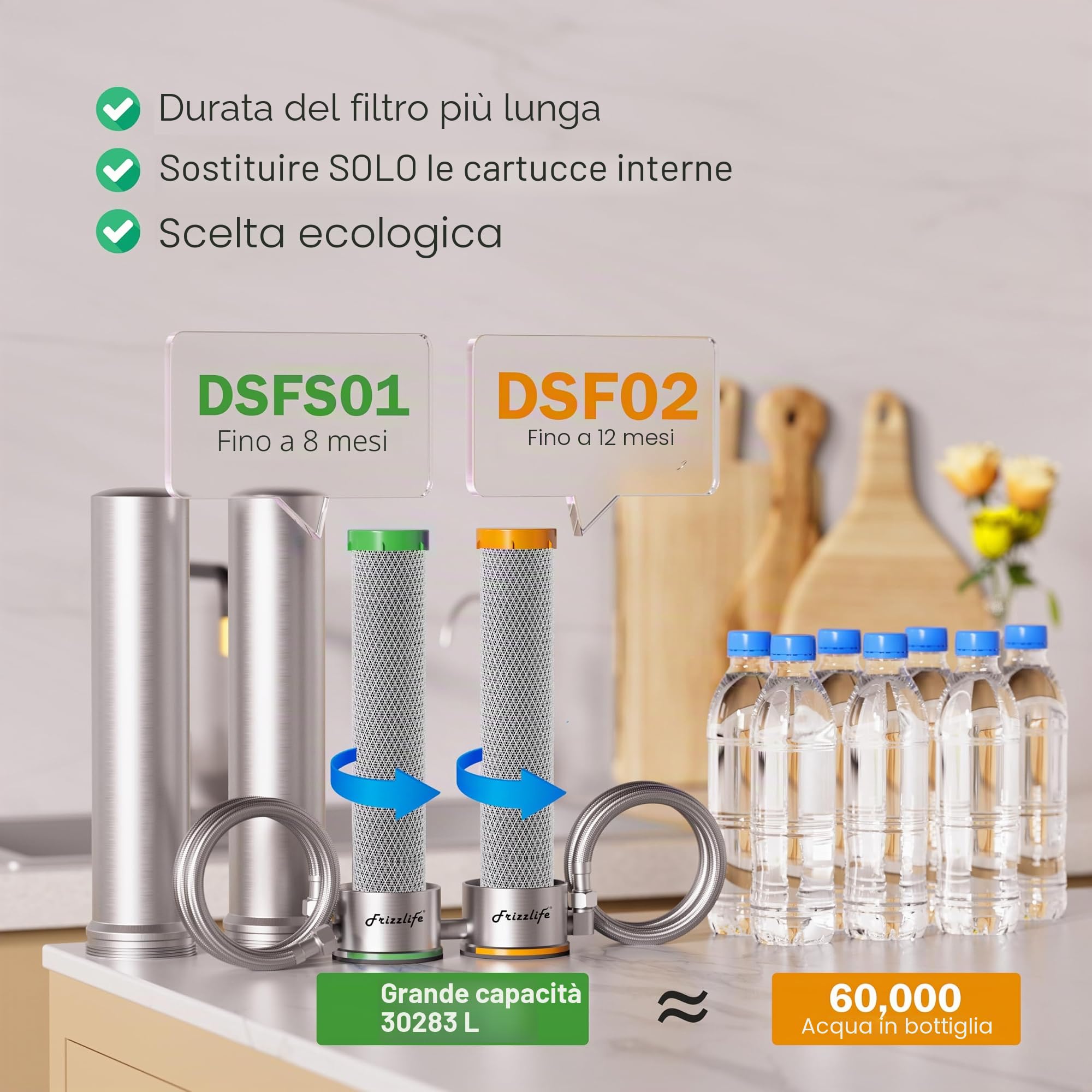 Frizzlife UDS99-S Sistema di filtraggio dell'acqua da sottolavello, filtrazione dell'acqua a 8 stadi con connessione diretta, 0,5 micron, riduzione del 99,99% di piombo, cloro, metalli pesanti，UDS99-S