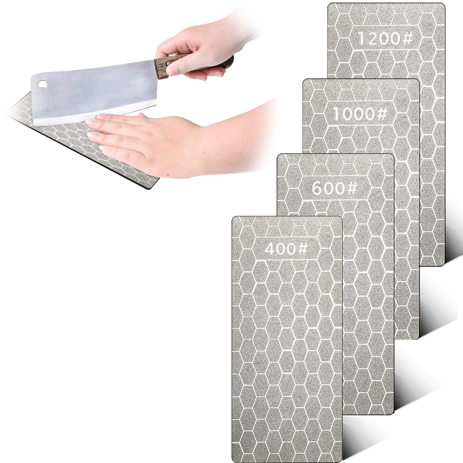 Sharpening Stone, 4 Pcs Single Sided Grit Diamond Plate Honing Stone Polishing Sharpeners Electroplated Sharpening Blade Honeycomb Plate for Outdoor Kitchen Sharpening Tools (400/600/1000/1200 Grit)