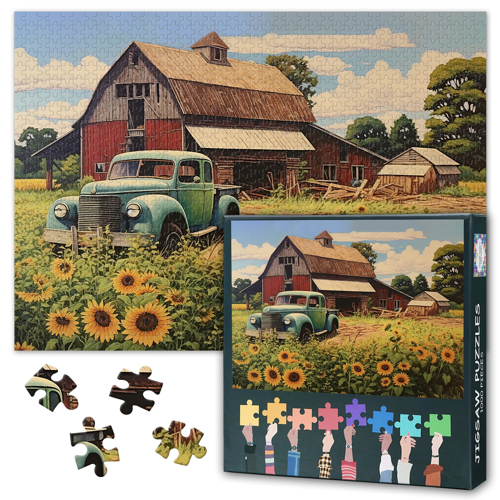 Red Barn Puzzles for Adults 1000 Pieces: Green Truck Jigsaw Puzzle - Challenging 1000 Piece Puzzle for Adults Sunflower Farm Artwork for Home Decor & Relaxation 27x20 inches