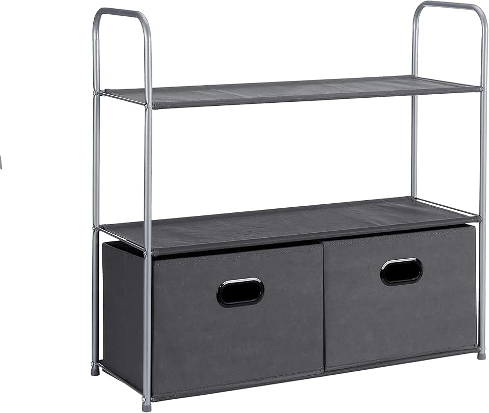 Freestanding Closet Organizer with Fabric Bins, Drawers and 3 Shelves, Easy to Assemble, Grey, 32.7" x 12.2" x 31"
