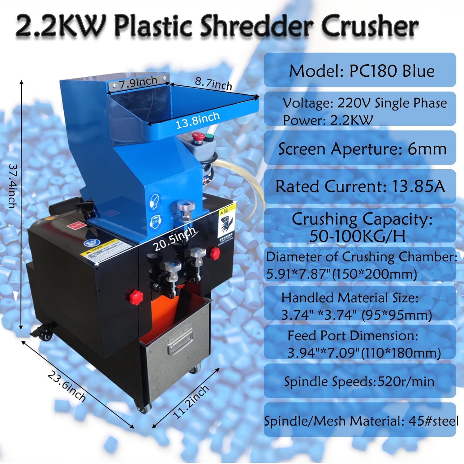 Electric Plastic Shredder Crusher, Cardboard Bottle Grinder Machine, 50-100KG/H Crushing Capacity, with 6mm Mesh Pulverizer Recycling Machine for PC/PVC/Rubbler 220V Single Phase 2.2KW