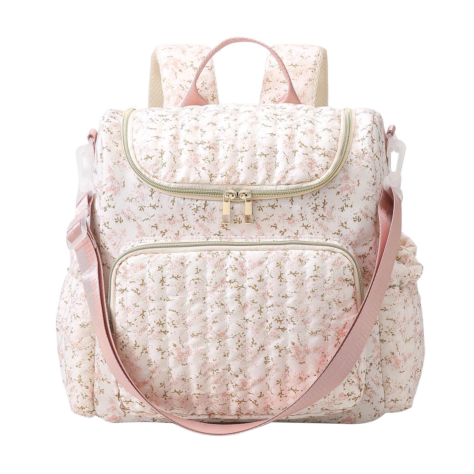 Quilted Diaper Bag Backpack Floral Baby Nappy Changing Bag Backpack for Mum Baby Travel Backpacks with Stroller Strap (Soft Pink Ditsy Flower)