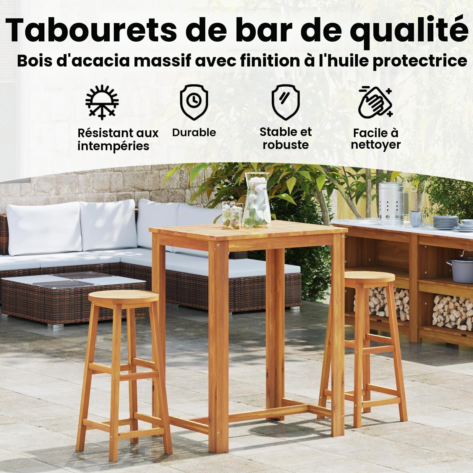 vidaXL Lot de 2 Tabourets de Bar, Chaise de Pub, Siège de Terrasse, Meuble de Bistrot Jardin Patio Extérieur, Bois d'Acacia Massif