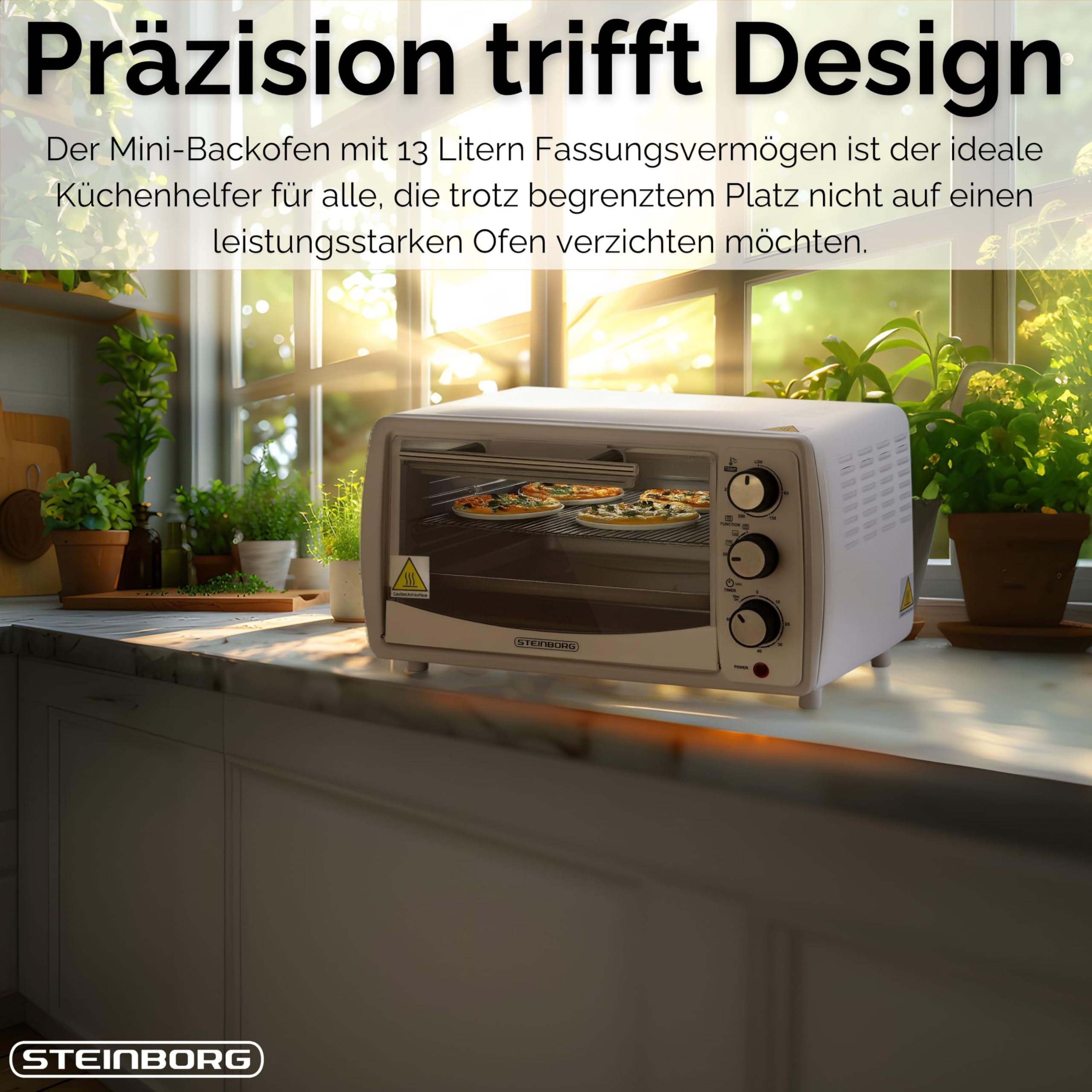 Mini Backofen 13 Liter 1200 Watt Pizzaofen 65°-230°C Timer aufklappbares Krümelblech Minibackofen Kleiner Oven