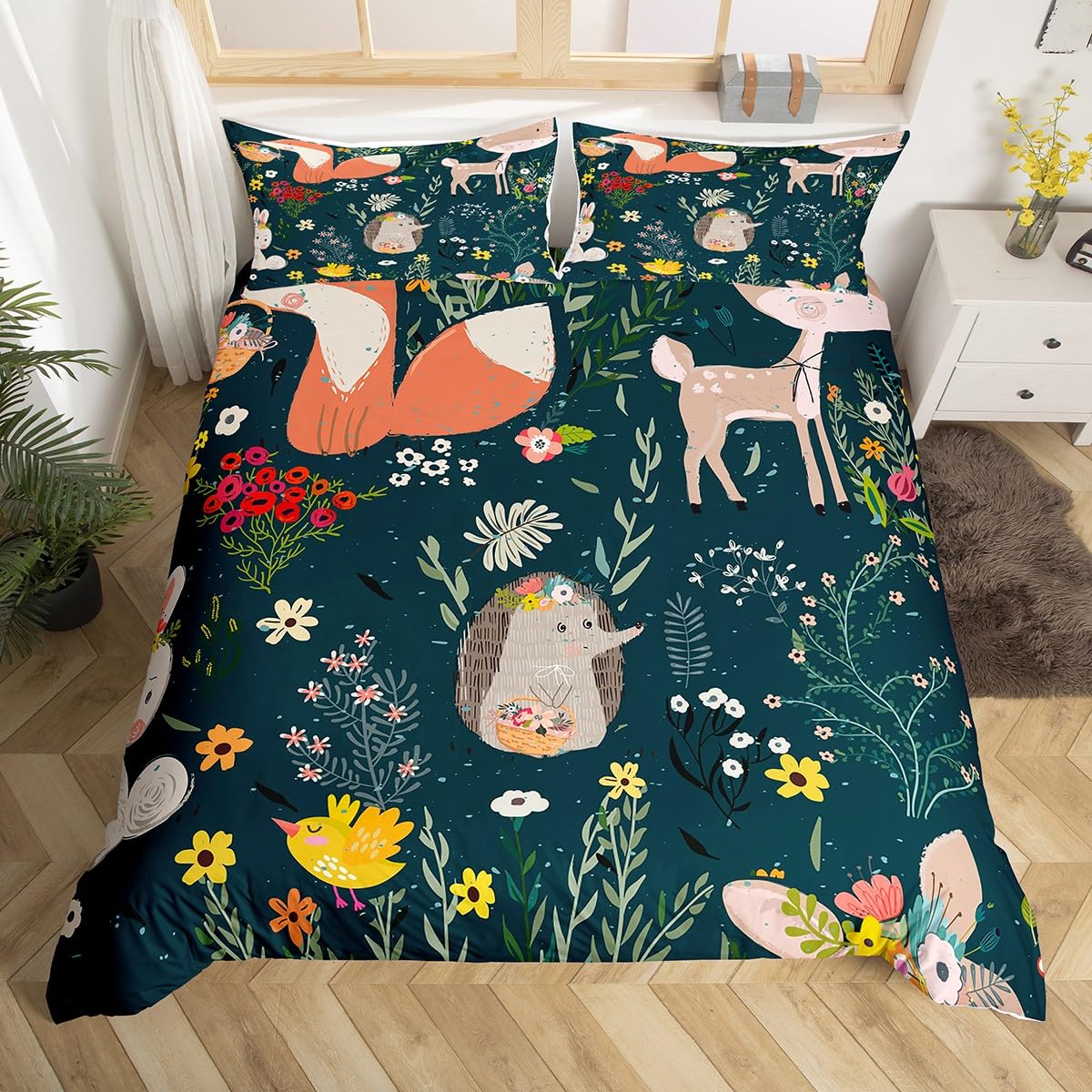Housse de couette renard et cerf 200x200 pour une chambre d'enfant style jungle