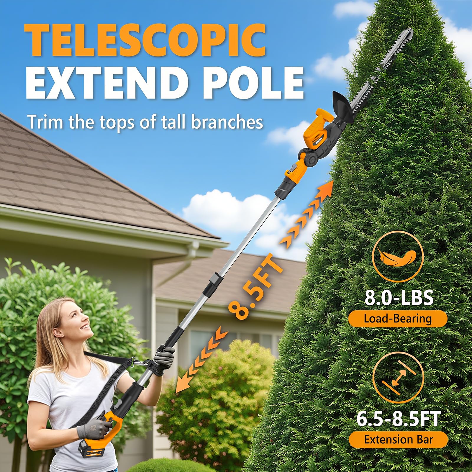 Alloyman 20 V 7,4 W Hours 2 en 1 - Cortasetos telescópico con batería, cortasetos para arbustos y setos