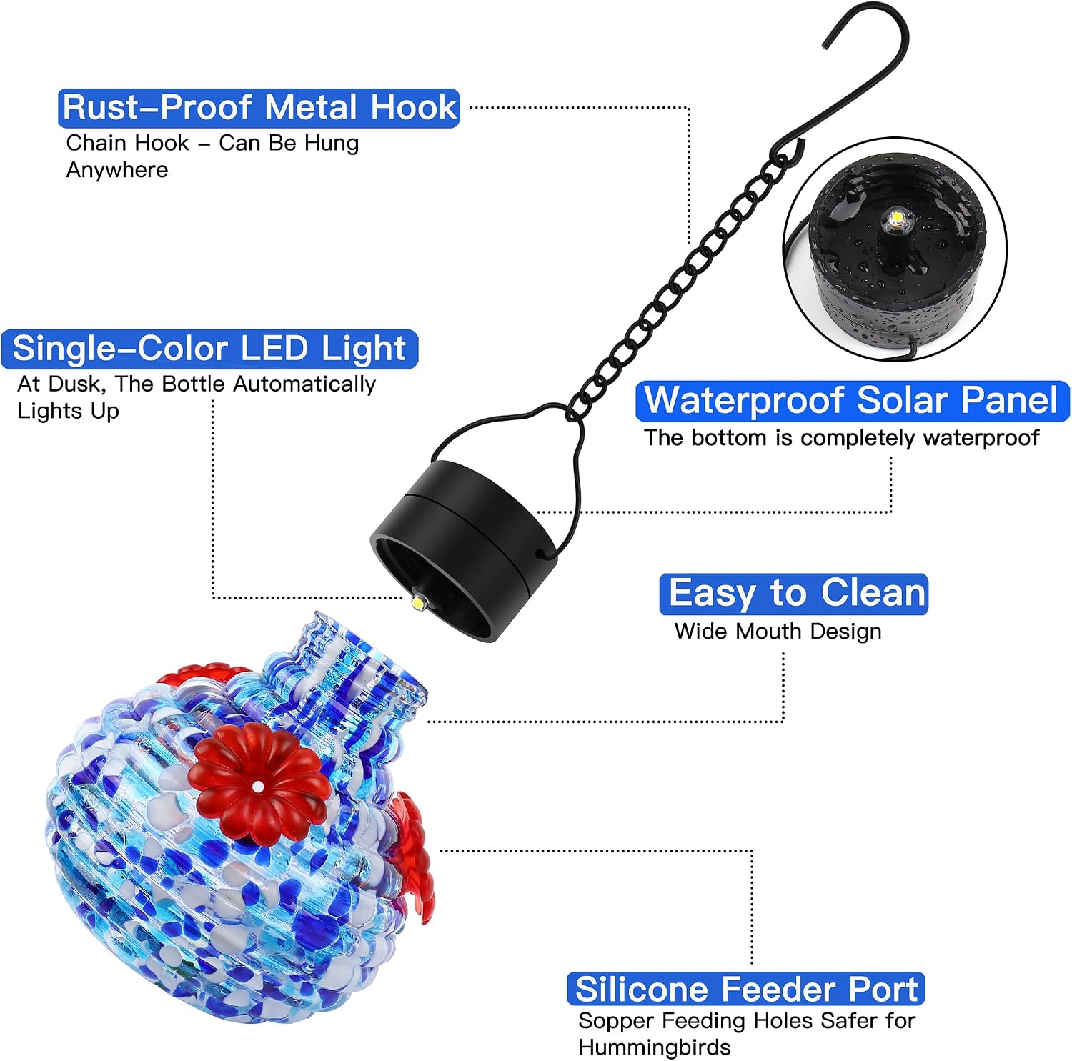VOREEN Hand Blown Glass Solar Hummingbird Feeder, 17oz Waterproof Hanging Bird Feeder with LED Light, Easy to Clean, Durable Colorful Garden Decorative for Outdoor Yard Patio