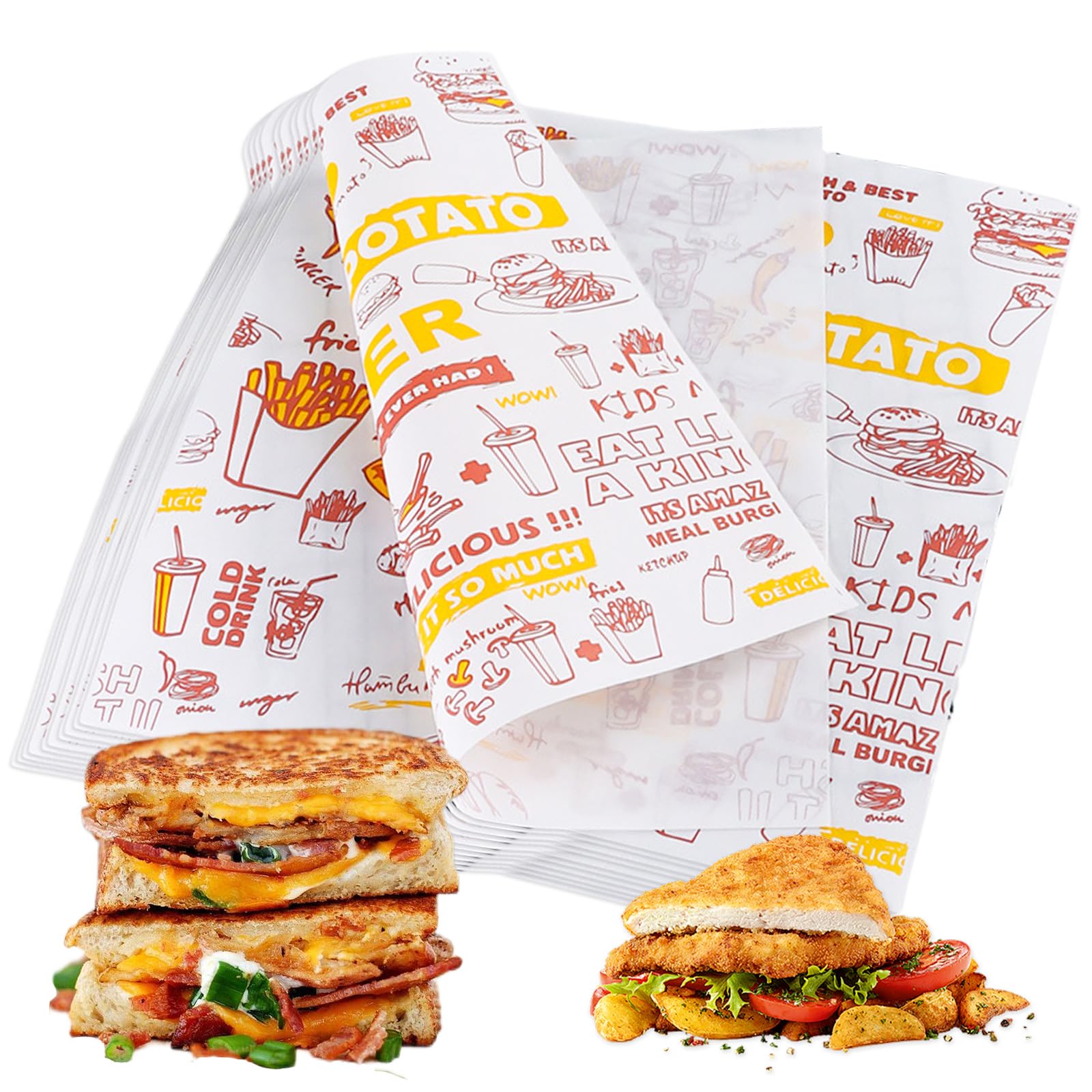 DAJAVE 500 Pcs Greaseproof Paper Sheets, Wax Paper Sheets for Food Wrapping Sandwich Wrap Burger Wrapping Fish and Chip for Hamburgers Sandwich Fries