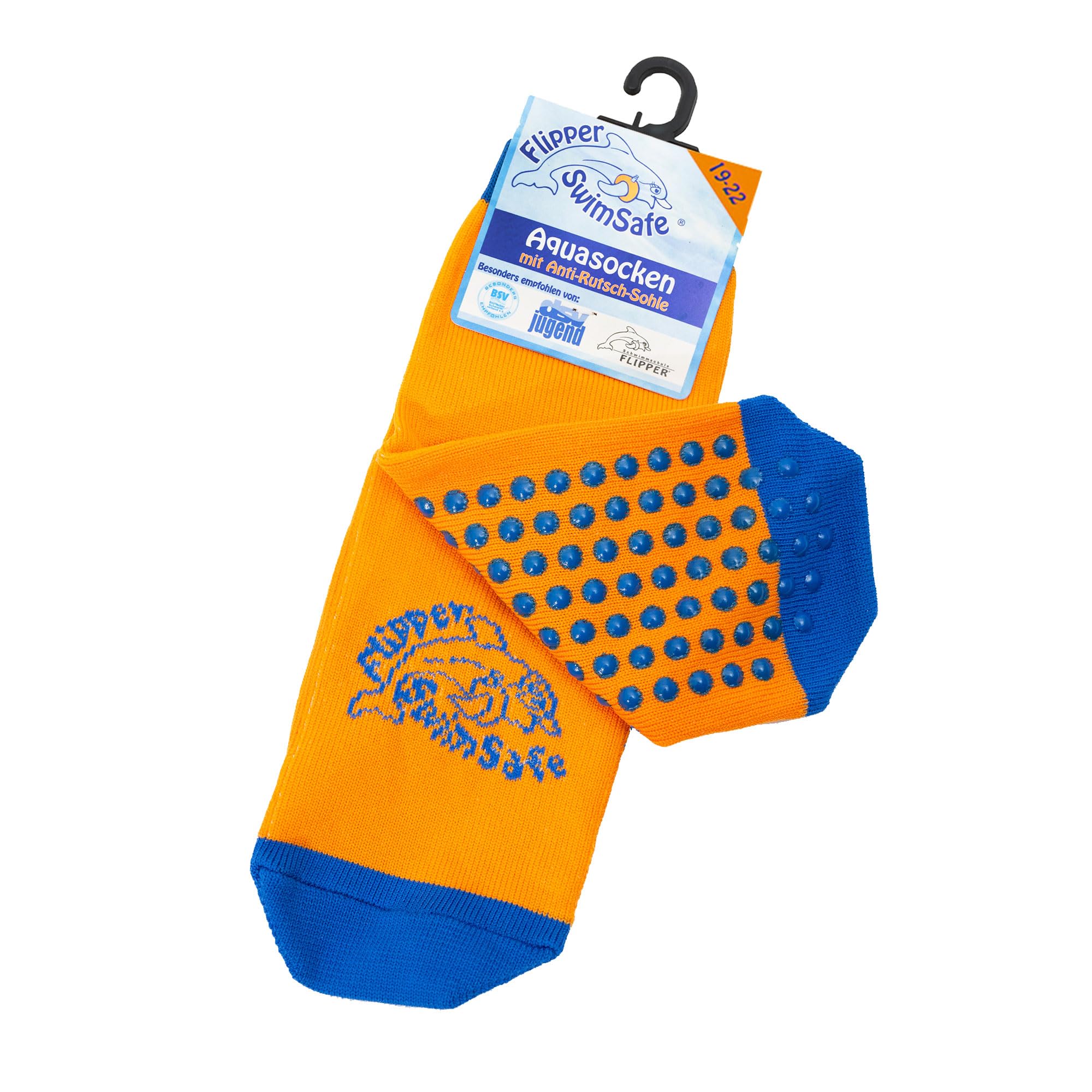 Flipper Flipper Swimsafe 1051 - Calcetines acuáticos con suela antideslizante en azul-naranja, para niños y bebés, talla 19 -22, ideales para ir a la piscina sin preocupaciones