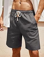 Vista 4 de COOFANDY Pantalones cortos de lino para hombre, pantalones cortos casuales de playa con cordón y cintura elástica