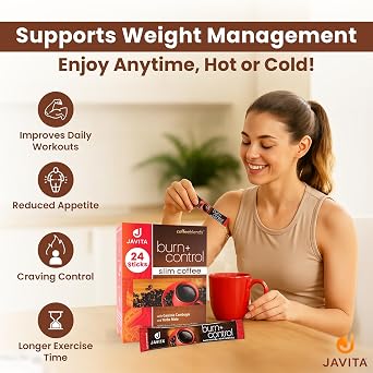 Javita Burn + Control Instant Coffee Smooth Arabica, Robusta Blend with Garcinia & Yerba Mate Supports Metabolism & Daily Energy Convenient Slim-Style Coffee Mix (1 box/24 serv.)