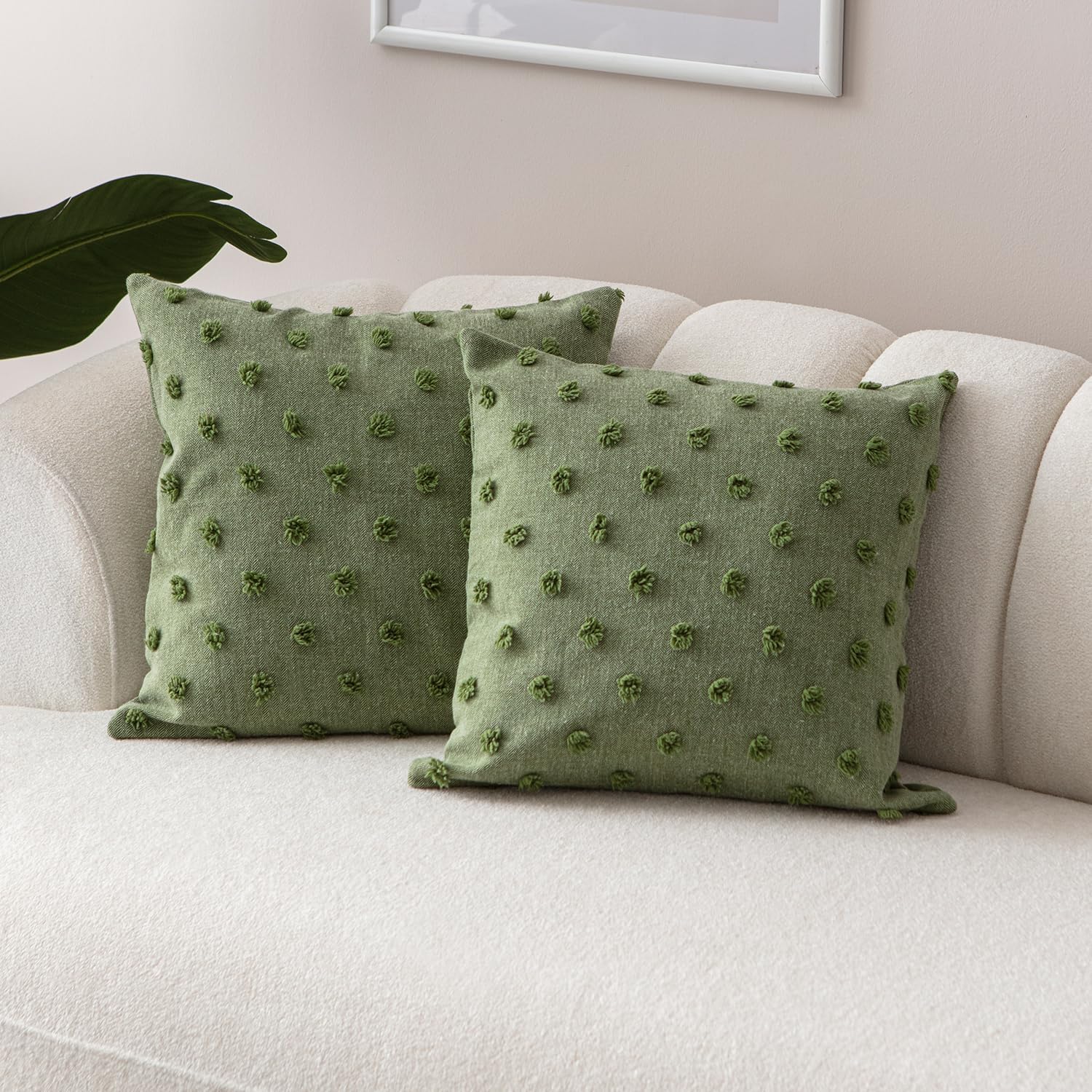 EtaVita Olive Green Throw Pillow Covers 20x20 Set of 2 - Natural Decorative Cushion Cases, Cotton Blend with Hidden Zipper, Botanical Home Decor for Couch Sofa Living Room