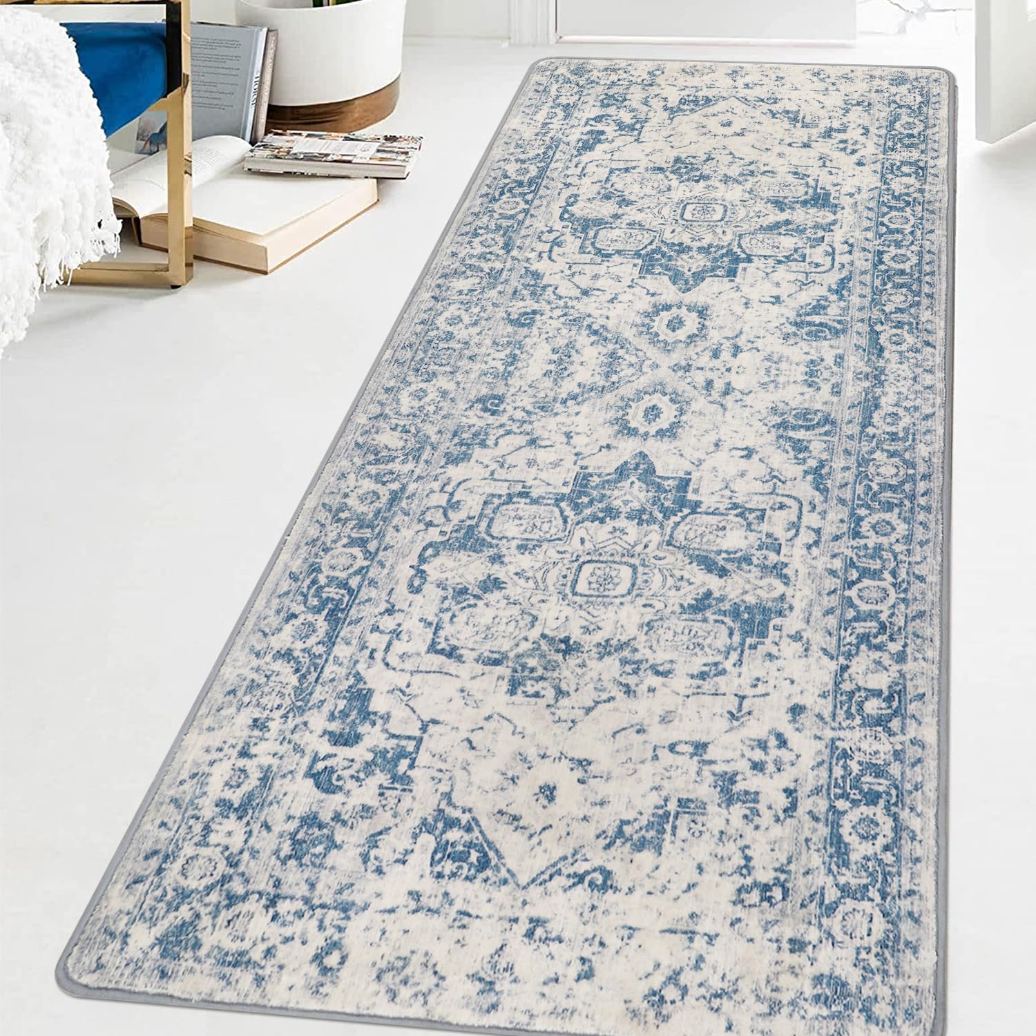 Famibay Hallway Runner Non Slip Runner Rugs for Hallway 80x200cm Long Washable Blue Vintage Kitchen Hall Carpet Floor Rugs for Entryways Bedroom Laundry — image 1
