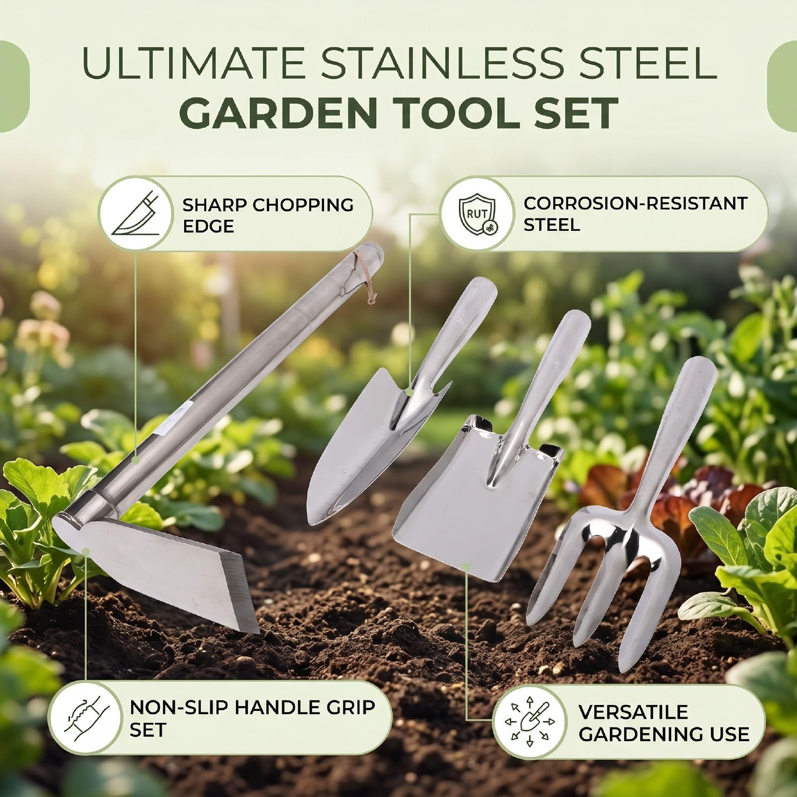 Garosa Set di 4 Attrezzi da Giardino in Acciaio Inossidabile con Manici Ergonomici Antiscivolo per Scavare, Diserbare, Piantare, Coltivare