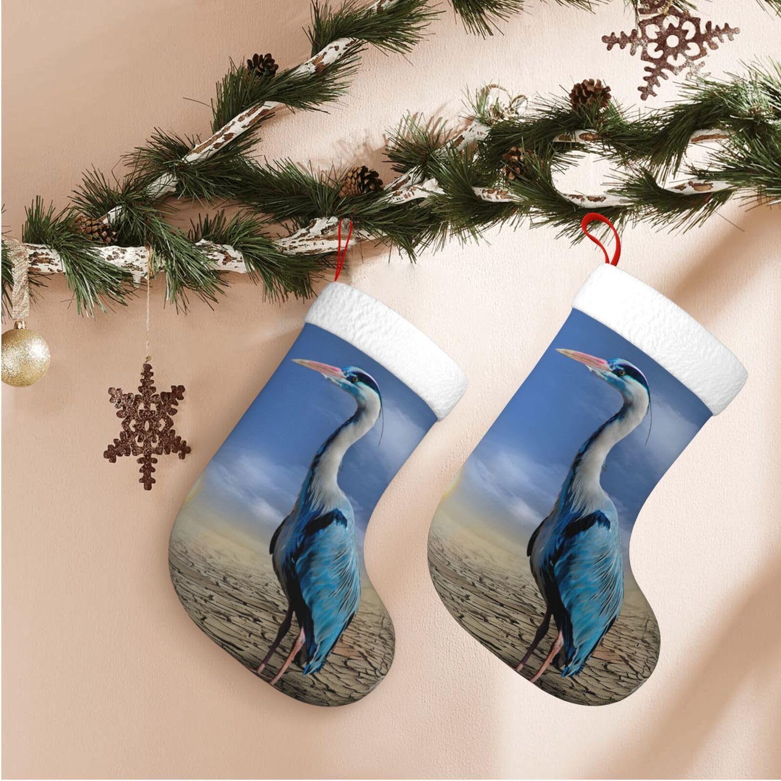 BONDIJ Christmas Stockings Heron Print Xmas Stockings With Plush Cuff Fireplace Xmas Hanging Stockings Christmas Decoration For Family Holiday Xmas Party