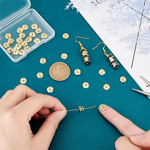 Miniatura 9 de PH PandaHall 50 cuentas espaciadoras chapadas en oro de 14 quilates, cuentas de metal redondas planas de 0.315 in, cuentas de disco onduladas de