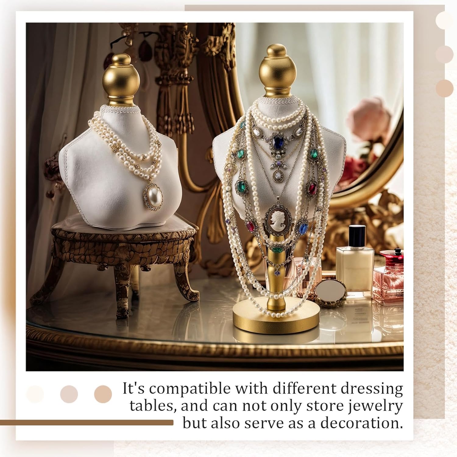 AceOrbit 2 Pcs Vintage Velvet Necklace Display Stand Mannequin Velvet Jewelry Necklace Holder Elegant Decor for Wedding Jewelry Selling Trade Shows(White,13.8 and 6.7 Inches)
