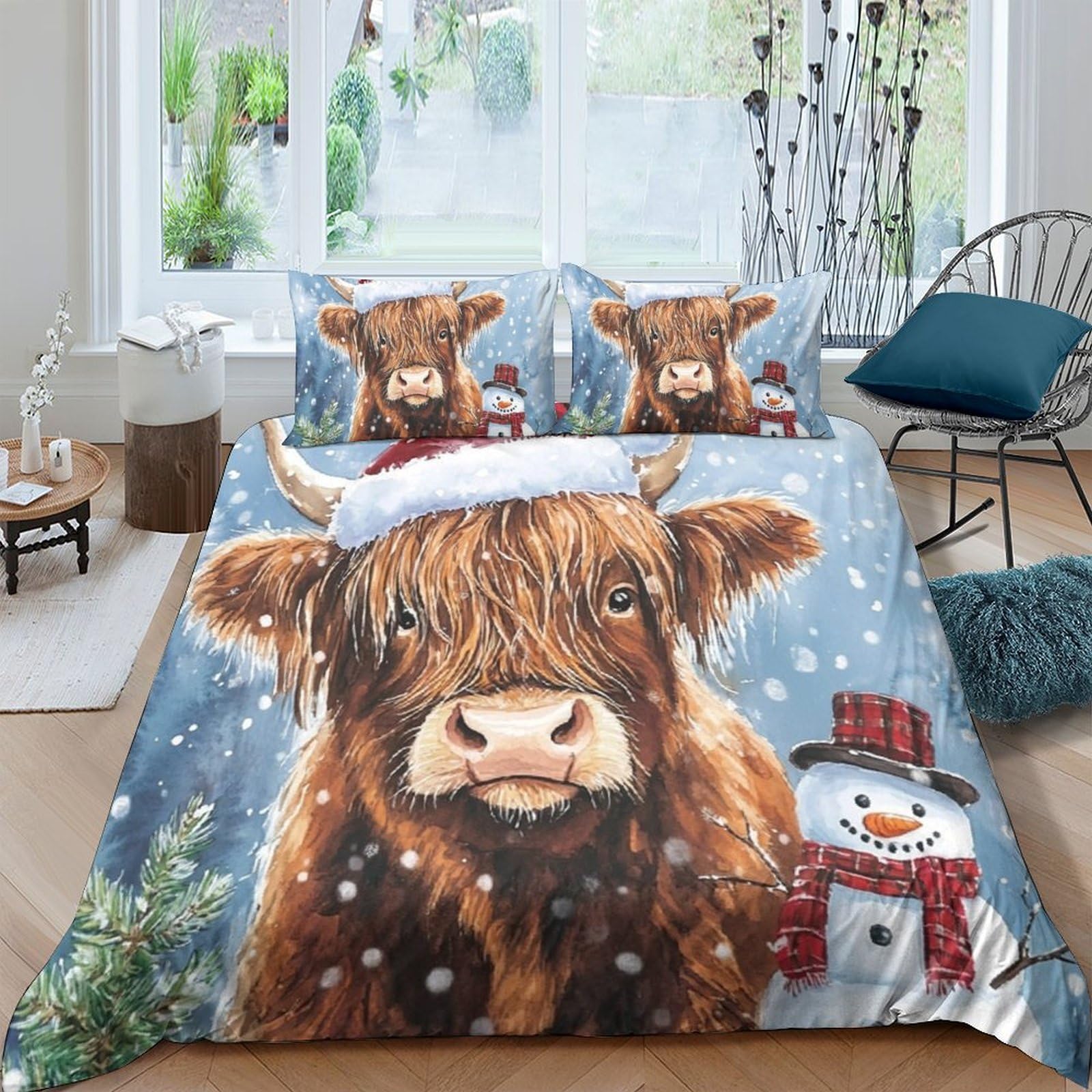 Ctjqhvkz Style-5 3D Printed Highland Cow Fitted Sheet Microfiber Winter Snowman Mattress Cover For Bedroom Guest Room Decor Single（135X200cm）