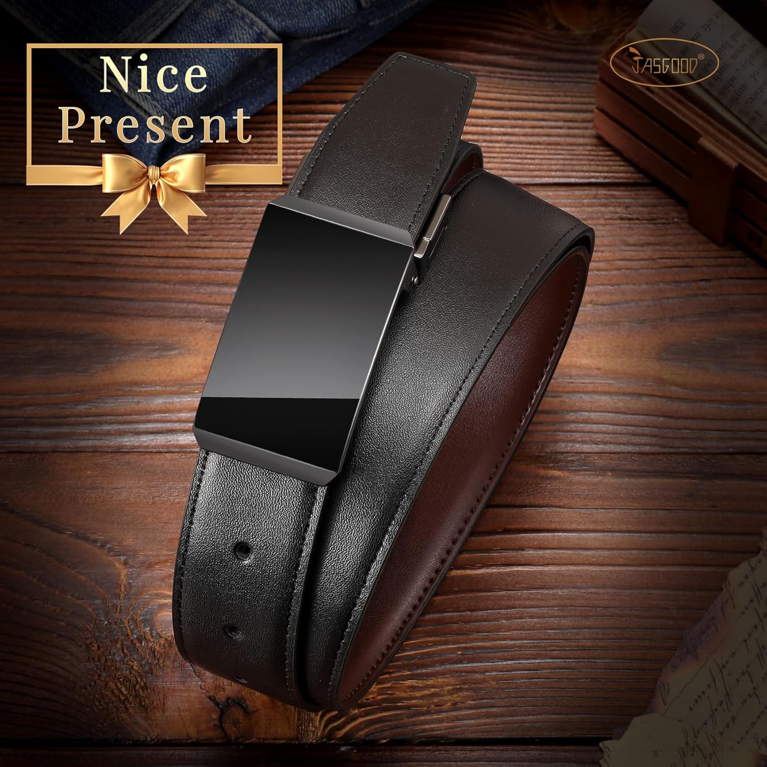 JASGOOD Leather Reversible Men's Belt 1.3" Mens Dress Belt for Casual Golf Dress Pants Shirts Presents - Image 5