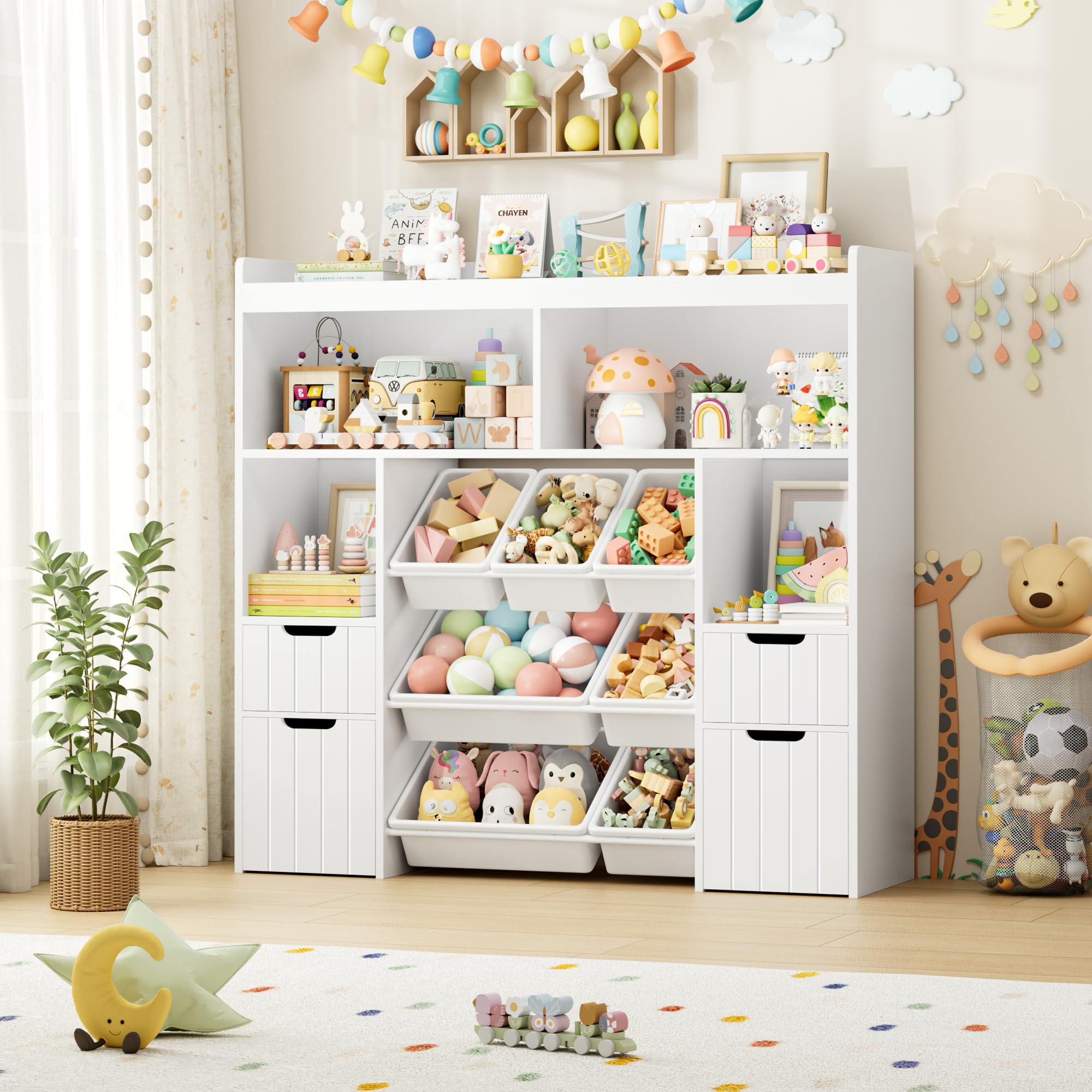 HOCSOK Mueble Almacenaje Juguetes, Mueble Juguetes Organizador, Librería Infantil Montessori, Estantería Infantil para Jugetes y Libros, Organizador Juguetes Infantil, Blanco, 122 x 118 x 30 cm