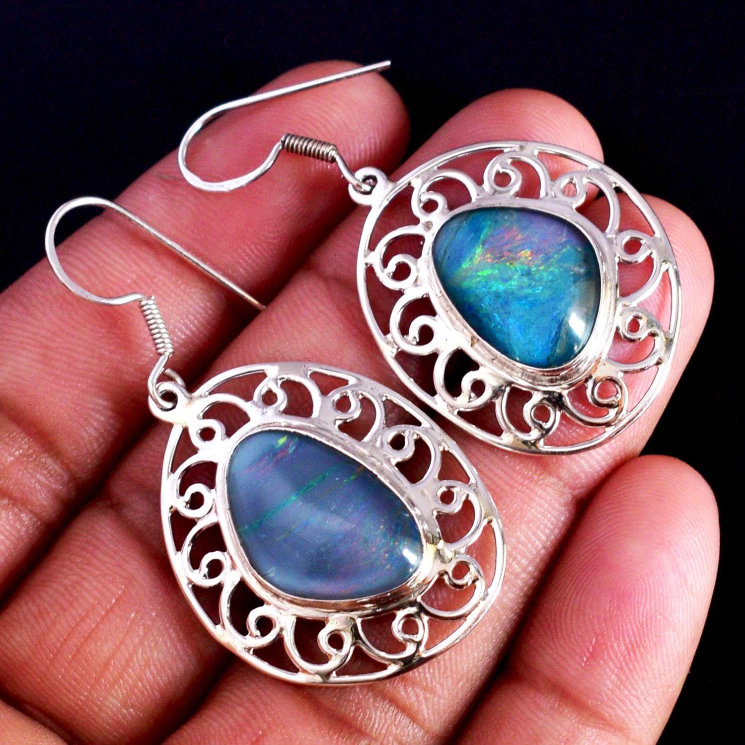 Natural Triplet Fire Opal Earrings in 925 Sterling Silver – Multicolor Fancy Cabochon Gemstone Jewelry, White Rhodium Plated Handmade Drop Dangle with Ear Wire Clasp, 7.8g Lightweight Gift